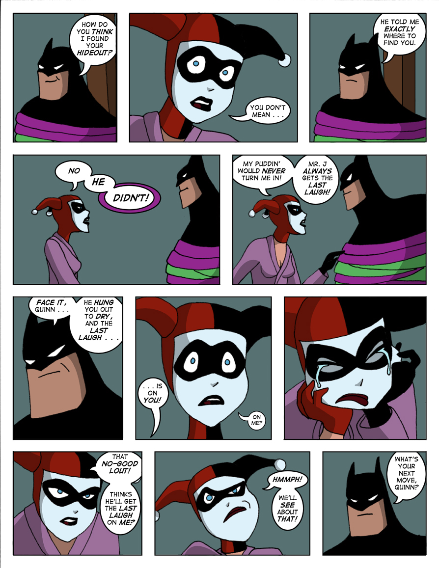 1boy 1girls batman batman:_the_animated_series batman_(series) comic dc_comics dcau dialogue female fool_me_once great_scott harley_quinn harley_quinn_(classic) male robe sharpie_(artist) speech_bubble the_new_batman_adventures tied_up