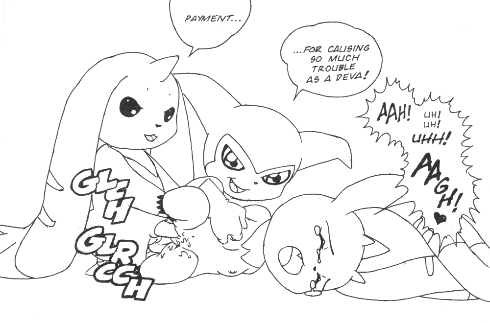 dialogue digimon female first_time fur furball furry impmon interspecies line_art lopmon male monochrome multiple_males sex speech_bubble straight terriermon text vaginal_penetration