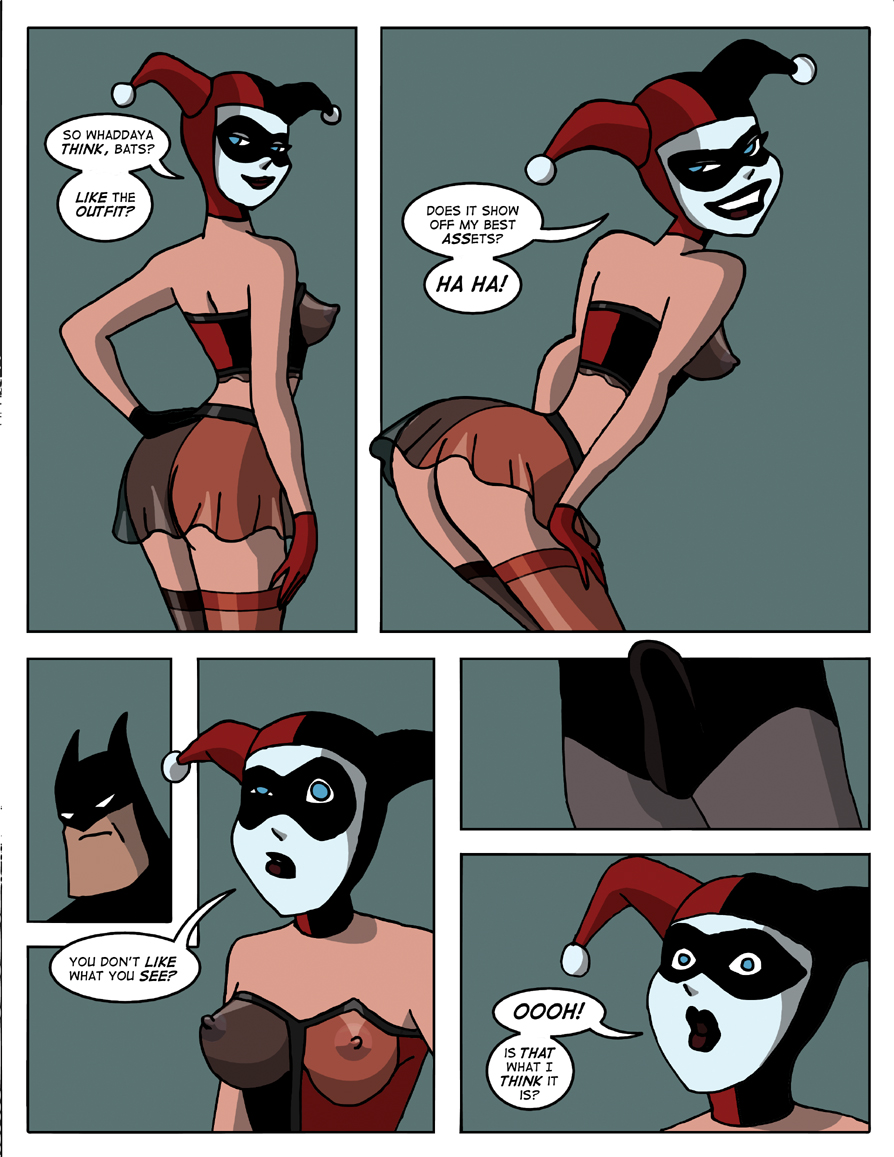 1boy 1girls batman batman:_the_animated_series batman_(series) breasts comic dc_comics dcau dialogue erection erection_under_clothes female fool_me_once great_scott harley_quinn harley_quinn_(classic) lingerie male see-through_clothing sharpie_(artist) speech_bubble straight the_new_batman_adventures visible_nipples