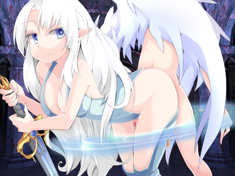 1boy 1boy1girl 1girls blue_eyes eyes frfr frottage hair monster_girl_quest silver_hair valkyrie_(mon-musu_quest!) white_hair wings