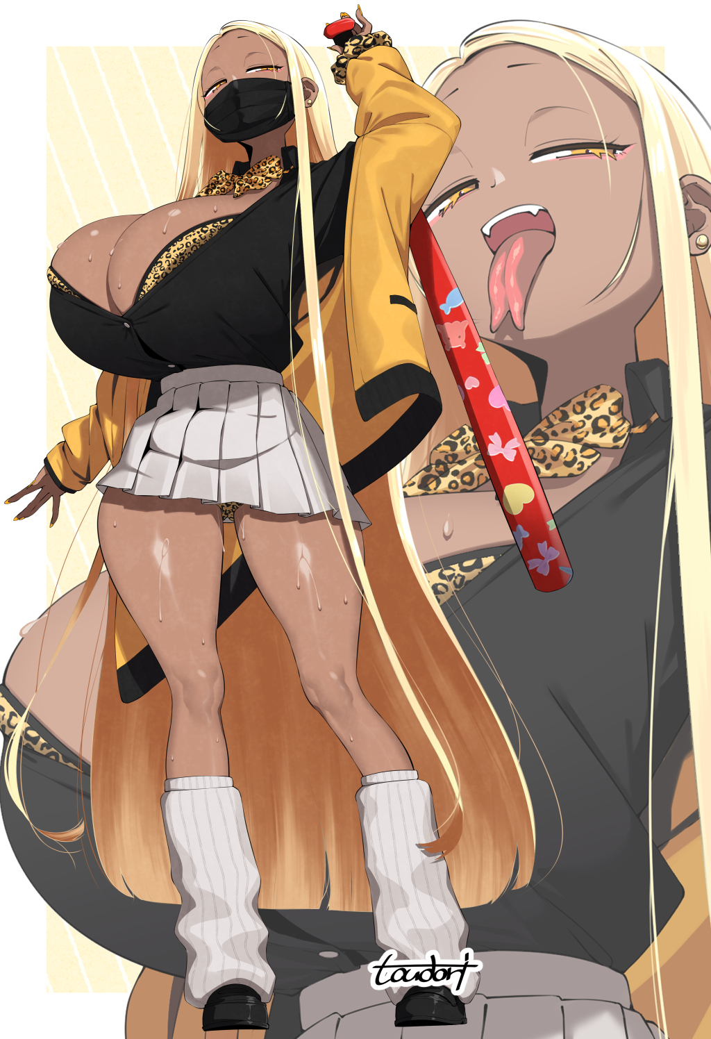 1girls animal_print arm_up artist_name baseball_bat big_breasts black_mask black_shirt black_shoes blonde_hair border bow bowtie bra bra_peek breasts cardigan cleavage collared_shirt commentary_request contrapposto dark-skinned_female dark_skin dark_skinned_female diagonal-striped_background earrings eyeshadow fingernails forked_tongue full_body gal ganguro gluteal_fold grey_skirt gyaru gyaru_gal half-closed_eyes high-waist_skirt highres holding holding_baseball_bat huge_breasts jewelry kogal kuro_gyaru large_breasts leopard_print leopard_print_bra leopard_print_panties long_fingernails long_hair long_sidelocks looking_at_viewer loose_socks makeup mask microskirt mouth_mask off_shoulder open_collar open_mouth oppai original partially_unbuttoned pink_eyeshadow pleated_skirt school_uniform scrunchie shiny_skin shirt shoes sidelocks skirt socks solo standing striped_background sweat taut_clothes taut_shirt teeth thighs tongue tongue_out toudori underwear upper_teeth_only very_long_hair very_long_sidelocks voluptuous voluptuous_female white_border wrist_scrunchie yellow_background yellow_bow yellow_bowtie yellow_bra yellow_cardigan yellow_eyes yellow_nails zoom_layer