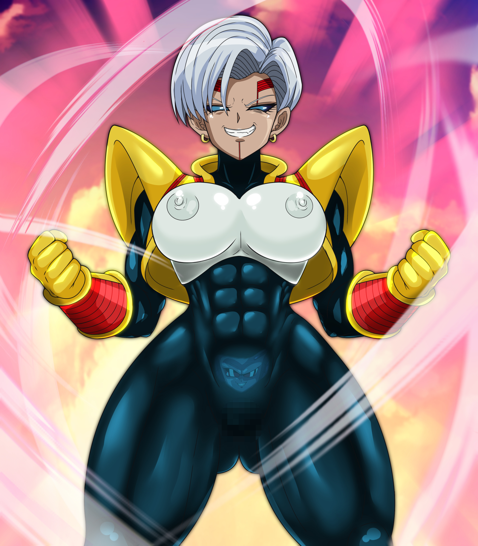 1girls, abs, android 18, anime, areolae, baby (dragon ball), body invasion, corruption, dragon ball, dragon ball gt, earrings, evil grin, female, female only, hudo shin, muscular, muscular thighs, neo machine mutant, nipples, parasite, parasitic possession, possessed, possession, silver hair, takeover, transformation, tuffle, tuffleization