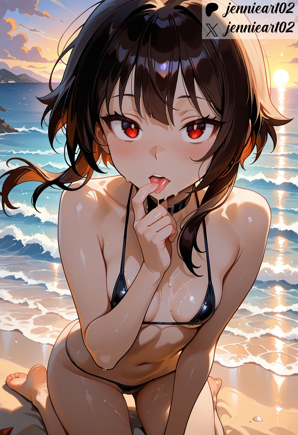 ai_generated bangs bare_legs bare_shoulders barefoot beach bent_knees bikini bikini_bottom black_bikini black_choker black_hair black_swimsuit blue_sky blush breasts brown_hair choker clavicle cleavage clothing cloud collarbone day feet female female female_only halterneck horizon jennieart02 kneeling kono_subarashii_sekai_ni_shukufuku_wo! large_breasts licking looking_at_viewer medium_breasts megumin micro_bikini navel ocean open_mouth outdoors patreon patreon_logo patreon_username red_eyes saliva sand short_hair short_hair_with_long_locks side-tie_bikini_bottom side-tie_clothing side-tie_swimsuit sidelocks sitting sky small_breasts smile solo stomach string_bikini sun sunset sweat swimsuit thighs tongue tongue_out twitter twitter_username wariza water watermark waves wet