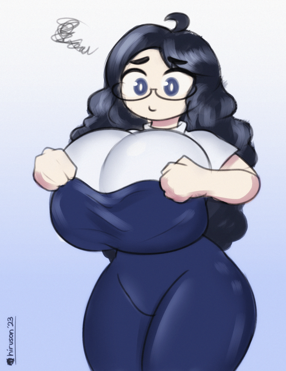 1girls big_breasts blue_eyes bouncing_breasts breasts cecilia_(hiruson) female female_only glasses hiruson overalls
