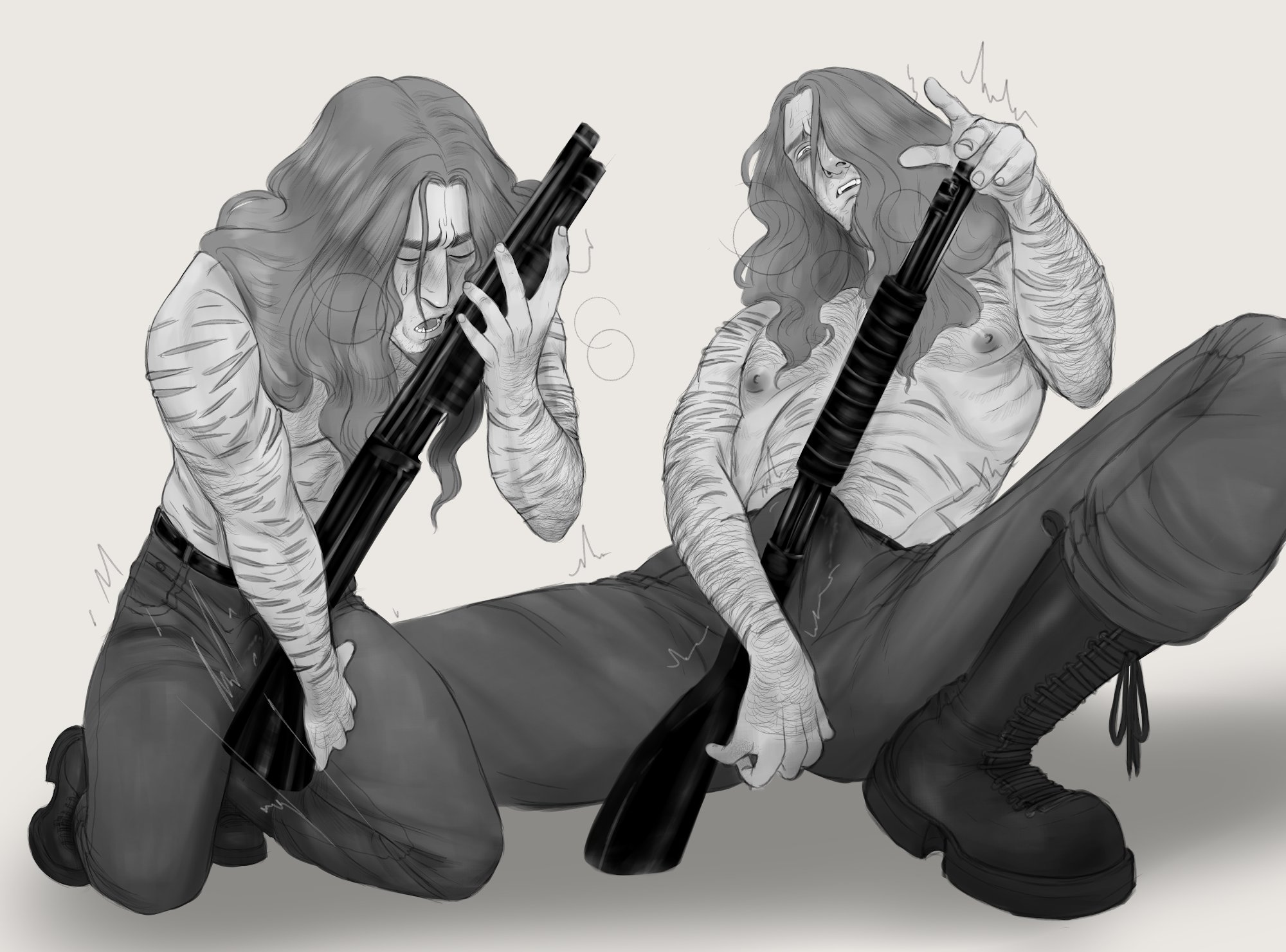 1boy, black and white, boner, boner in pants, bulge through clothing, combat boots, devilsp3rm, dry humping, grinding, gun, gun fucking, holding object, humping, humping object, inanimate object, long hair, male, objectophilia, objectphilia, objectum, panting, postal (series), postal dude, precum, precum through clothing, scars all over, self harm scars, shaking, shirtless, solo, solo male, sweating