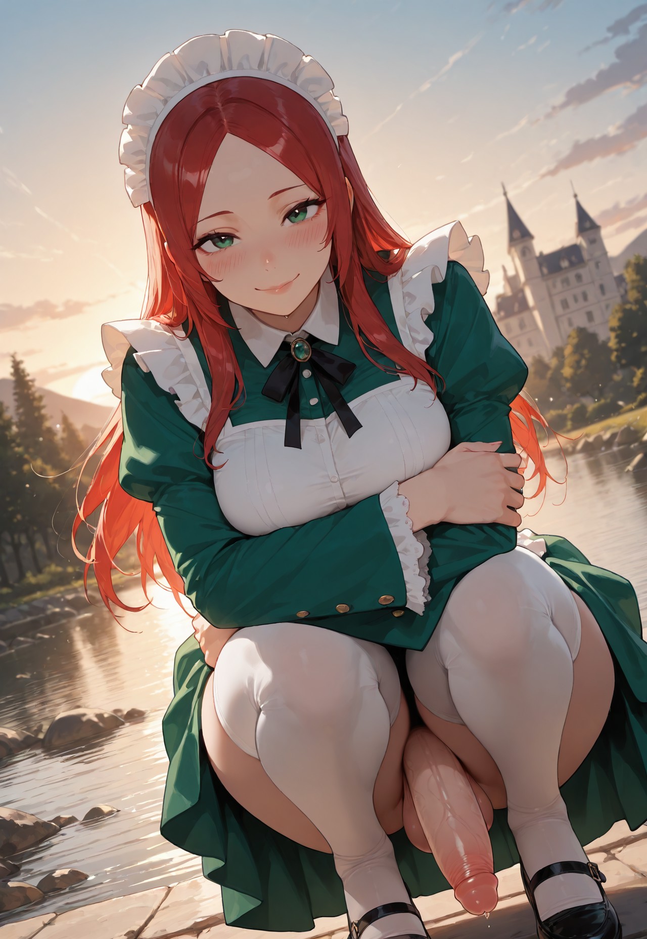 1futa, ai generated, balls, big penis, blush, breasts, dutch angle, flaccid, futa only, futanari, green eyes, intersex, jamesbron, large penis, legwear, long hair, looking at viewer, maid, medium breasts, no panties, outdoors, penis, red hair, redhead maid (jamesbron), smile, solo, solo futa, squatting, stockings, thighhighs, thighs, white legwear, white stockings, wide hips