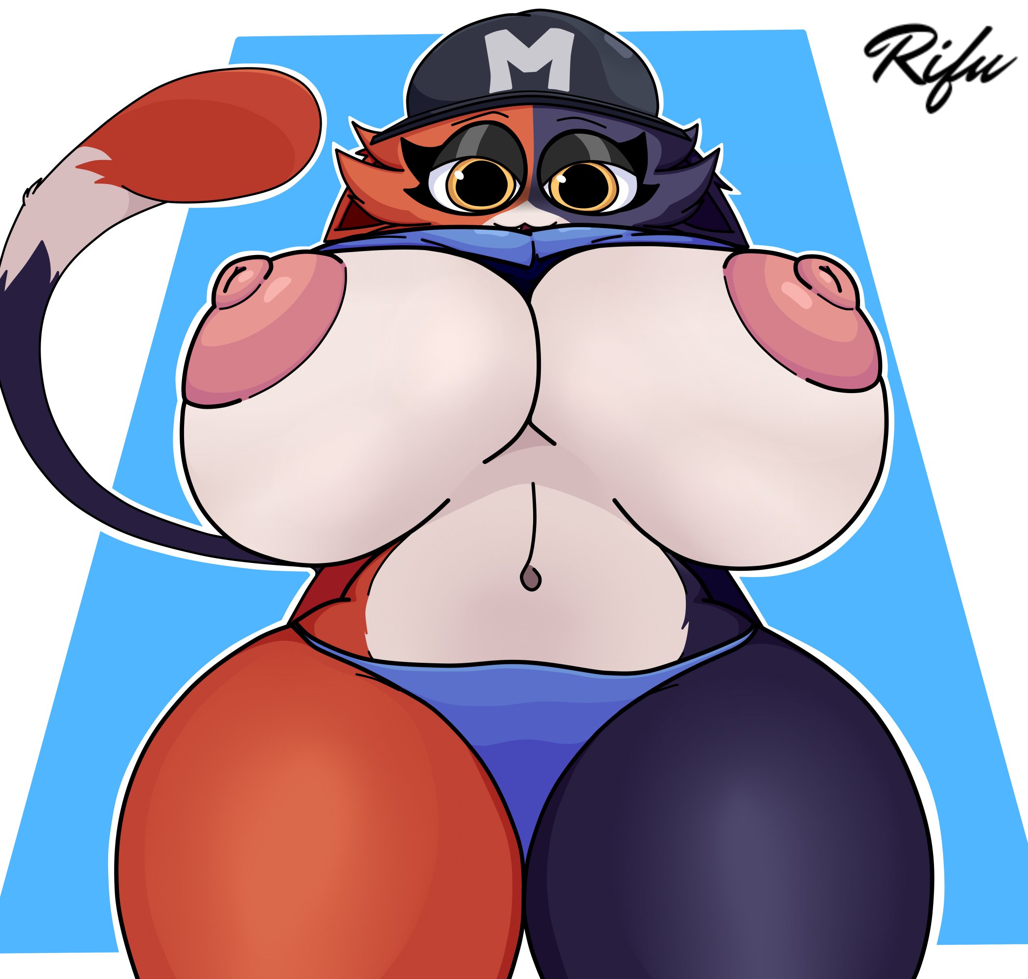 :3, animal ears, animal humanoid, anthro, anthro female, anthro only, anthrofied, areola, areolae, arms behind back, artist name, artist signature, big breasts, big thighs, black cap, black eyebrows, black eyelashes, black eyeshadow, black pupils, blue panties, breasts, breasts out, calico cat, calico cat humanoid, cap, cat, cat ears, cat eyes, cat girl, cat humanoid, cat mouth, cat tail, catgirl, curvy, curvy thighs, ears, ears back, ears down, eyebrows, eyelashes, eyes, eyeshadow, feline, feline ears, feline humanoid, feline tail, female, female focus, female humanoid, female only, fortnite, fortnite: battle royale, fur, furry, furry breasts, furry ears, furry female, furry only, furry tail, humanoid, letter, looking at viewer, mammal, mammal breasts, mammal humanoid, meow skulls, meow skulls (fortnite), meowskulls, multicolored fur, nipples, panties, pink nipples, pupils, rifurabbit, simple background, solo, solo female, solo focus, tagme, thighs, three-tone fur, white breasts, yellow eyes
