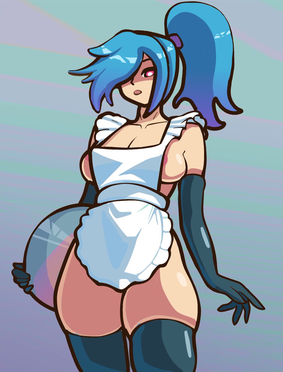 1girls, apron, areola slip, areolae, big breasts, breasts, female, gloves, looking at viewer, looking down, low-angle view, nyxaquarious, re-logic, shimmered stylist (terraria), sideboob, solo, solo female, stockings, stylist (terraria), terraria, thick thighs, tray