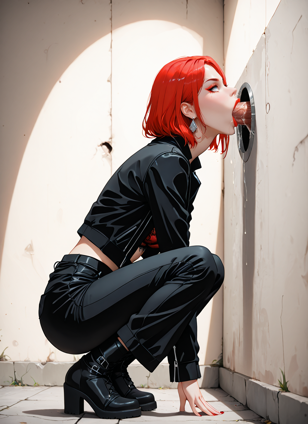 ahe_gao ai_generated blue_eyes boots bra deepthroat earrings glory_hole irrumatio jacket on_knees pants penis red_hair short_hair side_view streetwear throat_bulge veiny_penis