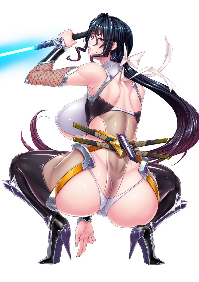 1girl 1girls armor armored_boots armpits ass back bangs bare_shoulders black_footwear black_hair black_thighhighs blush boots bow bowtie breasts butt_crack cameltoe closed_mouth clothed_female covered_erect_nipples curvy dat_ass detached_sleeves dimples_of_venus elbow_gloves fei_(maidoll) female female_only fishnets from_behind full_body gloves glowing glowing_sword glowing_weapon gradient_hair hair_between_eyes hair_bow halterneck hand_up high_heels highres hip_focus holding holding_sword holding_weapon huge_ass kneeling kuji-in large_breasts leotard lipstick long_hair looking_at_viewer looking_back low_ponytail makeup multicolored_hair multiple_swords ninja ninjatou official_art partially_visible_vulva pink_eyes pink_lips ponytail purple_hair pussy red_eyes revealing_clothes reverse_grip sheath sheathed shiny shiny_clothes shiny_hair shiny_skin short_sword sideboob sidelocks simple_background skin_tight solo spikes spread_legs squatting stiletto_heels sword tagme taimanin_(series) taimanin_asagi_kessen_arena thick_thighs thigh_boots thighhighs thighs tied_hair tiptoes turtleneck uehara_rin underboob vambraces very_long_hair voluptuous wavy_hair weapon white_background white_bow wide_hips