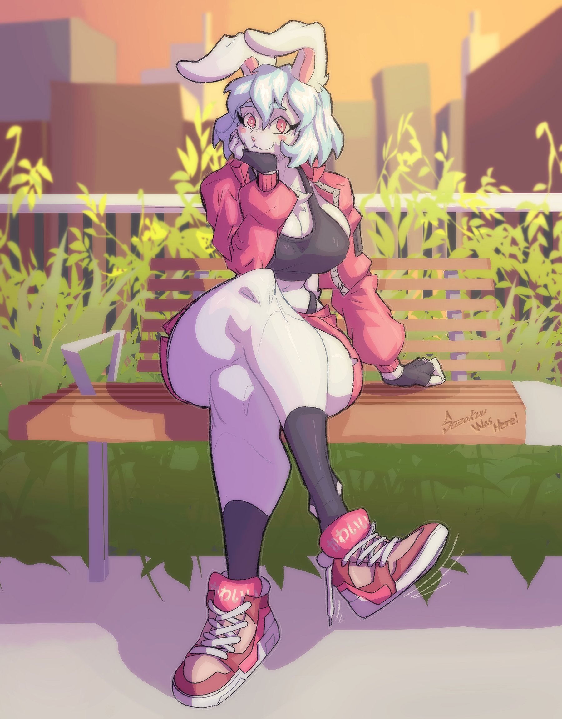 2025, anthro, beatrice (sozokuu), big breasts, blue hair, blush, blushing at viewer, breasts, chest tuft, cleavage, clothed, clothing, cute, female, fingers, fur, furry, furry female, furry only, hair, hi res, horny, horny female, hot, humanoid feet, lagomorph, leporid, long ears, looking at viewer, mammal, pink eyes, rabbit, shirt, short hair, small waist, solo, sozokuu, thick, thick legs, thick thighs, thighs, thong, thunder thighs, white body, white fur, wide hips