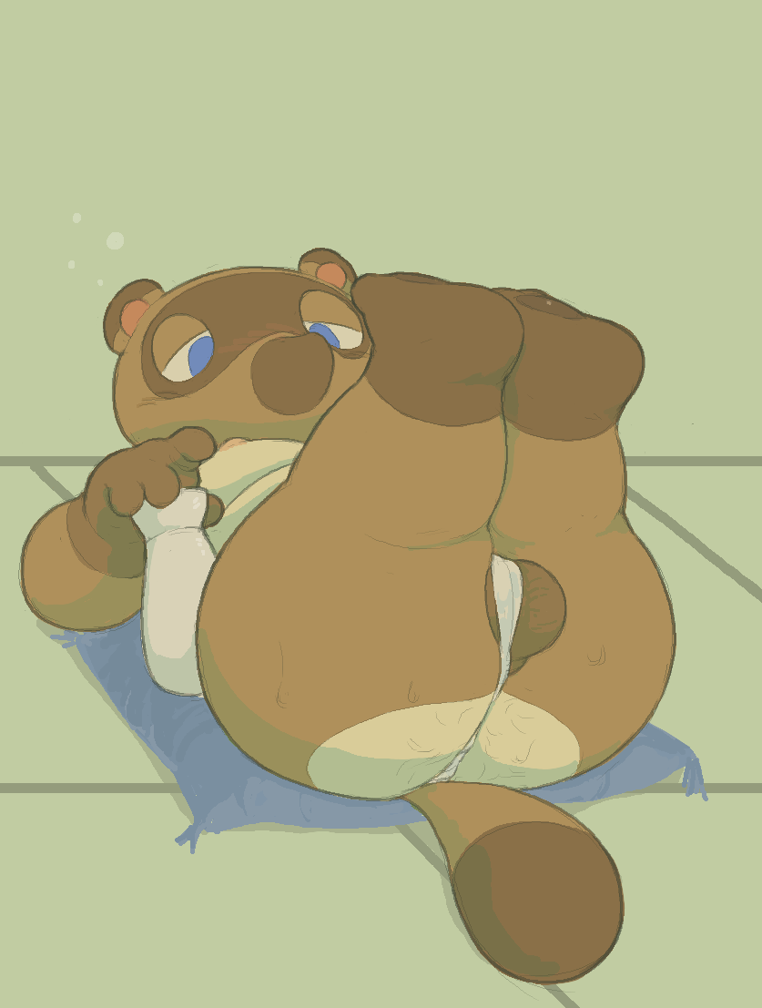 2025 alcohol animal_crossing anthro asian_clothing ass balls beverage blue_eyes blush bottle breasts brown_body brown_fur cafongterua canid canine clothing container cushion digital_media_(artwork) drunk east_asian_clothing fundoshi fur genitals japanese_clothing lying lying_on_ground lying_on_pillow male mammal nintendo nipples on_ground pawpads paws pillow pubes pubes_on_butt raccoon_dog raised_leg sake sake_bottle simple_background solo substance_intoxication tail tanuki tom_nook_(animal_crossing) underwear