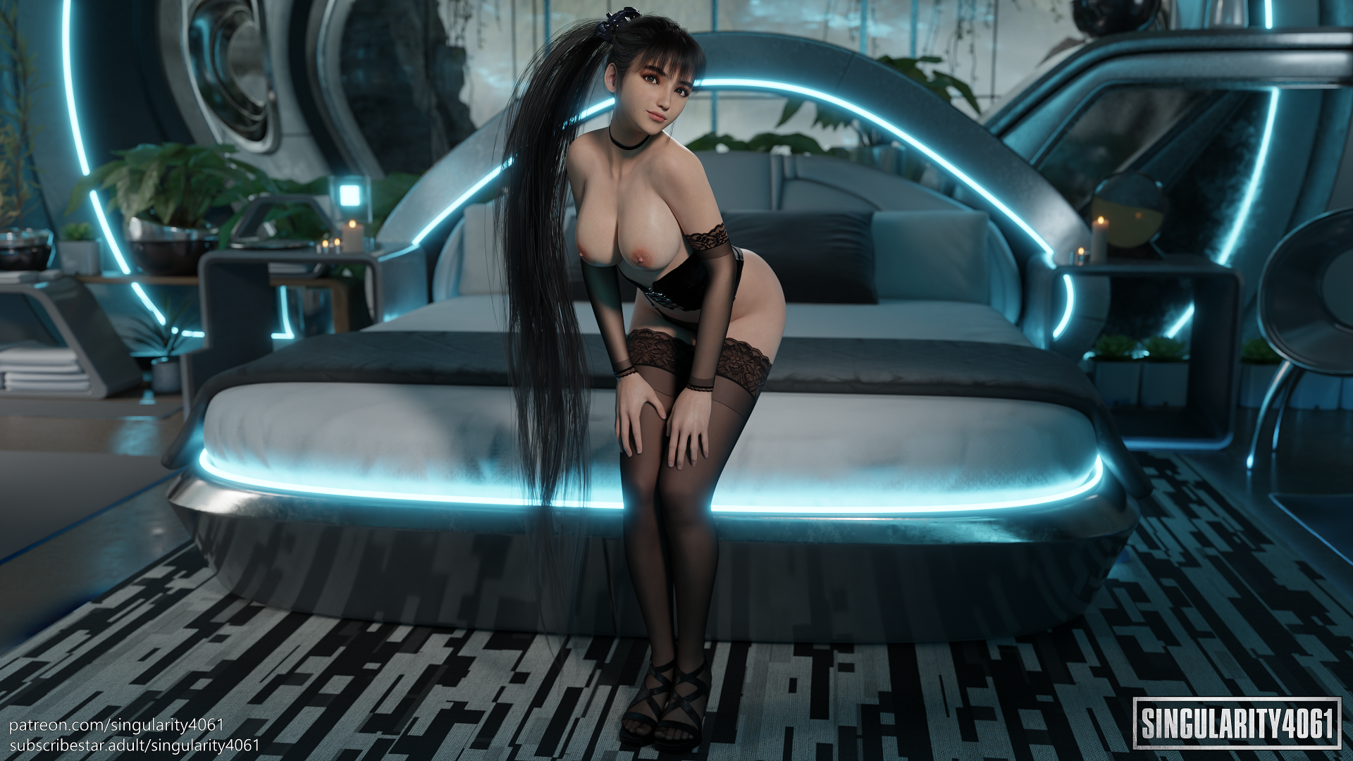 3d, 3d (artwork), big, big breasts, blender, breasts, eve (stellar blade), female, lingerie, long hair, looking at viewer, singularity4061, stellar blade, stockings
