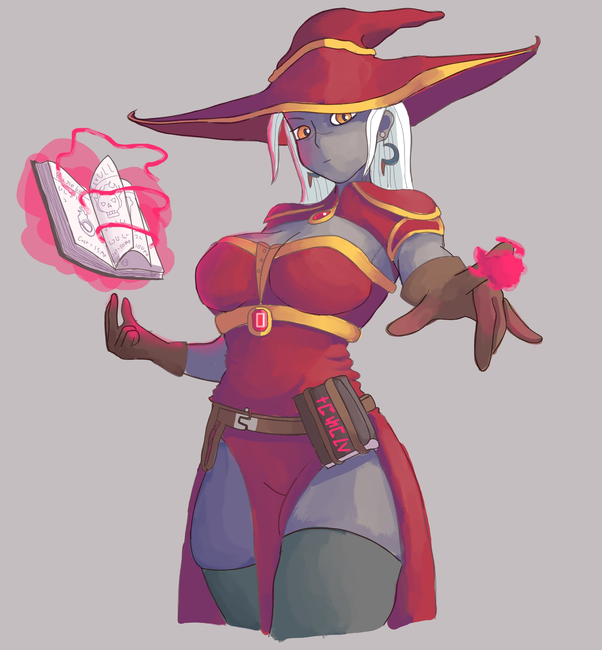 big breasts, book, breasts, calamitas, calamity mod, dress, drow, female, legs, looking at viewer, low-angle view, nyxaquarious, re-logic, terraria, thick thighs, thighhighs, white hair, witch, witch hat