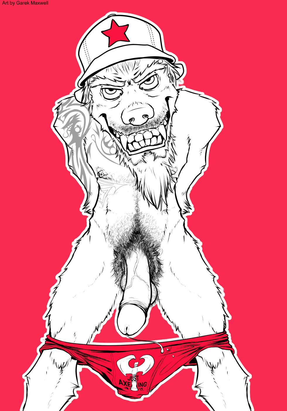 1boy 2017 anthro artist_name axe badger balls ballsack beard body_fur body_hair clothing dangling_testicles dripping facial_hair fangs foreskin foreskin_folds garek_maxwell goatee grin hairy_balls hat humanoid_penis intact looking_at_viewer low_hanging_balls male male_nipples male_only male_pubic_hair mammal masculine mature_male melee_weapon mostly_nude_male mustache mustelid navel nipple_piercing nipple_rings pants_down penis piercing precum precum_drip pubes rape_face red_background retracted_foreskin scrotum semi-erect shirtless showing_teeth simple_background smile smirk solo standing star tattoos teeth teeth_showing testicles topless trashy uncut underwear underwear_down undressing vein veiny_penis weapon