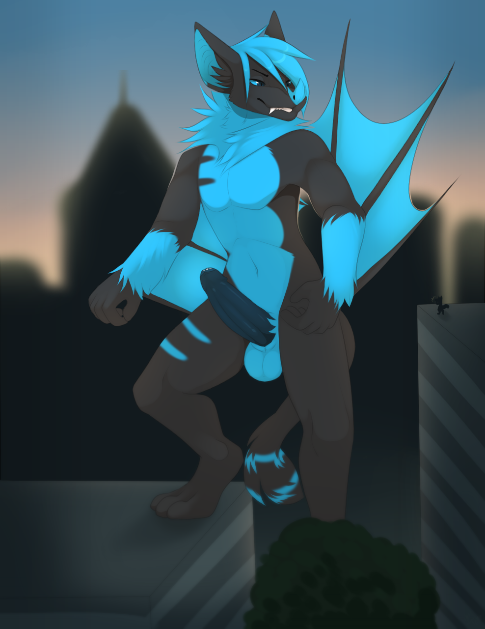 2016 3_toes 5_fingers anthro azureus_(inintendork) balls barefoot bat bat_wings biped black_fur black_tail blue_balls blue_eyes blue_fur blue_hair blue_nose blue_penis blue_sclera blue_tail blue_wings building city detailed_background digitigrade erection eyebrows front_view fur hair hi_res humanoid_hands humanoid_penis inner_ear_fluff looking_away macro male mammal membranous_wings multicolored_fur multicolored_tail neck_tuft nude outside penis pose post-mortem short_hair sky smile smirk solo step_pose teeth toes tuft two_tone_fur two_tone_tail uncut wings