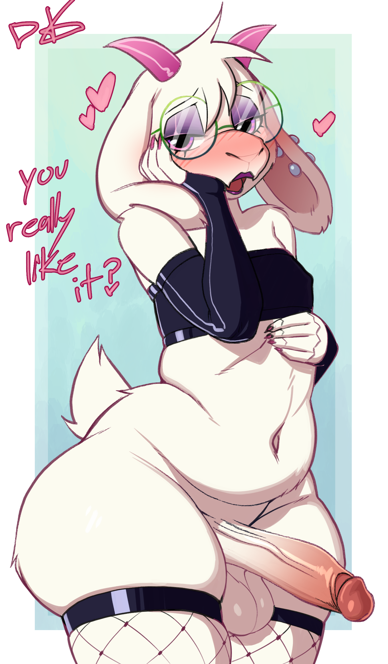 1boy, 2d, anthro, anthro male, anthro only, artist signature, blush, caprine, deltarune, desertkaiju, english text, fat ralph, femboy, fishnets, fur, furry, furry male, furry only, gay, glasses, goat, goth, goth boy, heart, horns, lipstick, male, male only, painted nails, penis, ralsei, solo, talking, tank top, text, undertale, undertale (series)