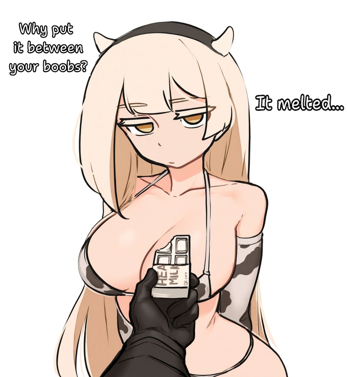 ?, ..., 1girls, 2025, ai generated, big breasts, bikini, blonde female, blonde hair, breasts, clothed, clothed female, cow girl, cow horns, cow print, cow print bikini, female, female focus, female human, gloves, light skin, light-skinned female, looking at viewer, original, original character, pale skin, pale-skinned female, pov, pov eye contact, pov hands, skindentation, text, thin waist, very long hair, wheel of fortune (artist), white background, yellow eyes