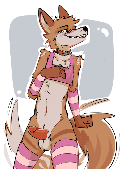 anthro armwear ball_tuft balls blush bottomless brown_body brown_eyes brown_fur canid canine canis cantio_(lawyerdog) clothed clothing collar coyote crop_top crossdressing digital_drawing_(artwork) digital_media_(artwork) erection femboy fur genitals grin humanoid_genitalia humanoid_penis legwear male mammal markings navel partially_clothed penis red_penis shirt smile solo star_(marking) tail tail_motion tailwag tan_body tan_fur topwear toxoglossa tuft
