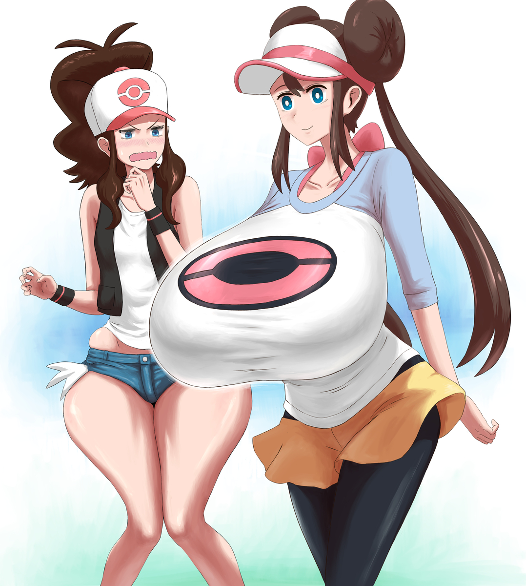 2girls, ass vs breasts, b and p (body types), baseball cap, black pantyhose, blue eyes, booty shorts, bottom heavy, bottomwear, breast envy, breasts, breasts bigger than head, breasts bigger than torso, breasts comparison, breasts focus, brown hair, clothing, donut hair bun, double bun, female, female only, game freak, hair bun, headwear, highres, hilda (pokemon), hips, huge breasts, matsumaruyama, mei (pokemon), open mouth, pokemon, pokemon bw, pokemon bw2, ponytail, raglan sleeves, ripped shorts, rosa (pokemon), shirt, shocked, shocked expression, shorts, sidelocks, small breasts, smile, standing, tank top, taut clothes, taut shirt, thighs, tight clothing, top heavy, twintails, visor cap, walking, white tank top, wide hips, yellow shorts