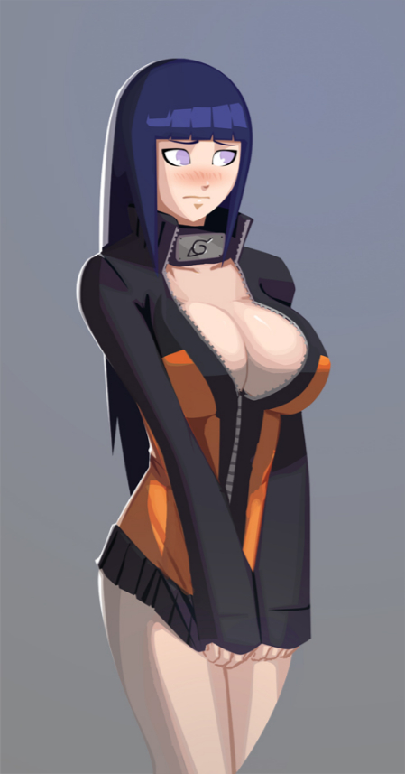 bangs, blush, breasts, cleavage, female, hood, hoodie, husband and wife, hyuuga hinata, large breasts, long hair, morganagod, naruto, naruto (series), naruto shippuden, pantyhose, solo, unzipped, uzumaki naruto, zipper