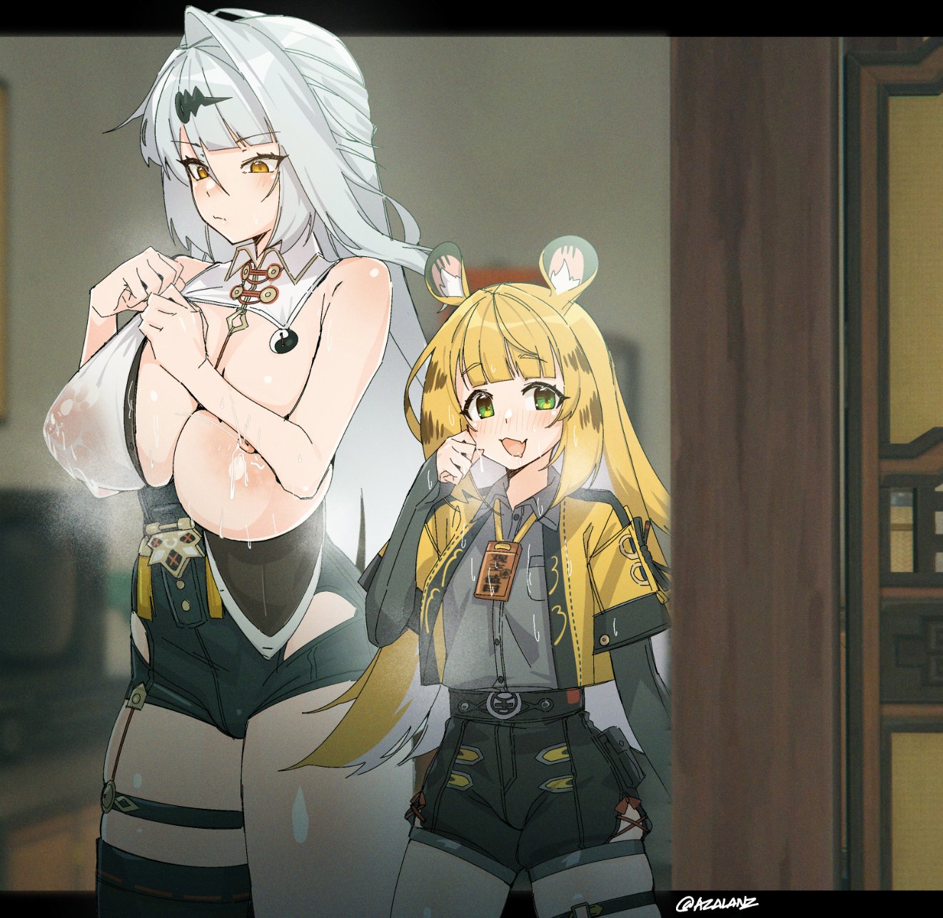 2girls, animal ears, areolae, artist name, blonde hair, breasts, breasts visible through clothing, female, female only, green eyes, hoyoverse, ju fufu, lactating, lactation, large breasts, light skin, light-skinned female, long hair, mihoyo, nipples, open mouth, size difference, tiger girl, tilt-shift (azalanz), wet clothes, wet clothing, white hair, yellow eyes, yixuan (zenless zone zero), zenless zone zero
