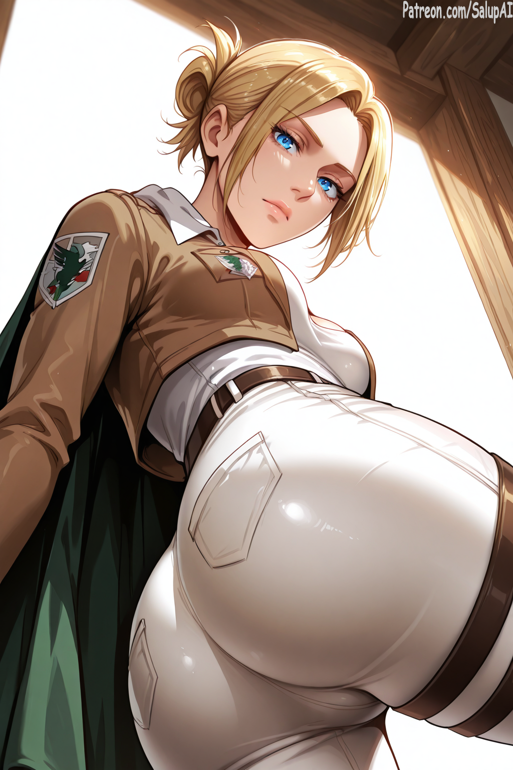 1girls ai_generated anime annie_leonhardt ass ass_focus attack_on_titan bangs blonde_hair blue_eyes clothed clothing female female_only from_below hair_bun looking_at_viewer medium_breasts patreon perfect_body round_ass salupai shingeki_no_kyojin short_hair solo solo_female thighs tight_clothing tight_pants uncensored watermark