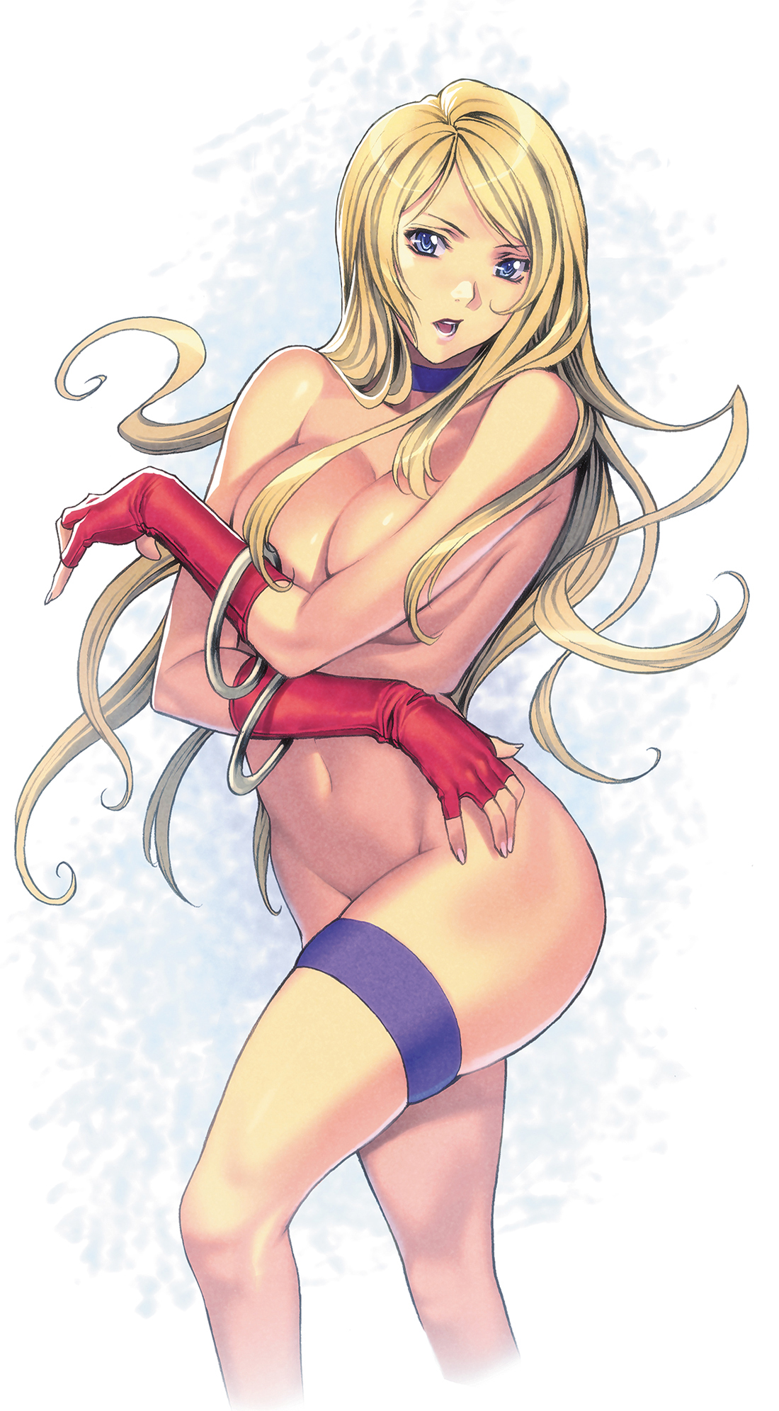 b. jenet, bangle, blonde hair, blue eyes, bracelet, breasts, choker, covering, covering breasts, fatal fury, female, fingerless gloves, floating hair, garou: mark of the wolves, gloves, gradient background, highres, homare (fool's art), jewelry, king of fighters, large breasts, long hair, navel, nude, purple eyes, snk, solo, thigh strap