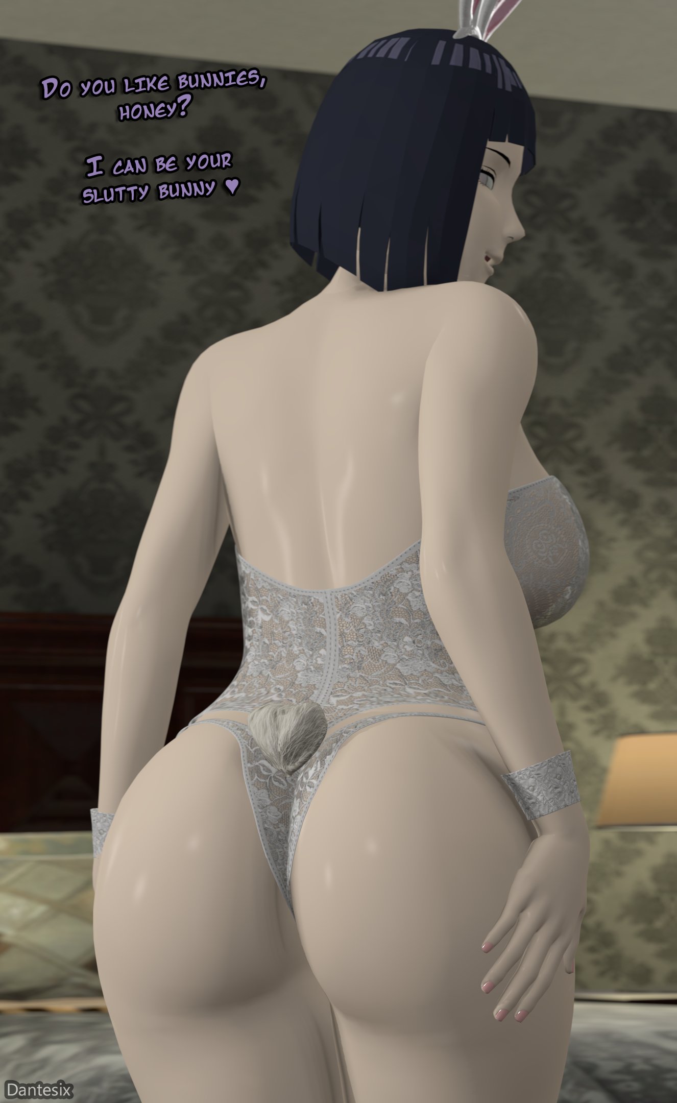 ass ass_focus big_ass black_hair bunny_ears bunny_girl bunny_tail dantesix dialogue hand_on_butt hyuuga_hinata hyuuga_hinata image lingerie looking_at_viewer nails_painted pink_eyes pink_nails room smile text white_fur white_lingerie