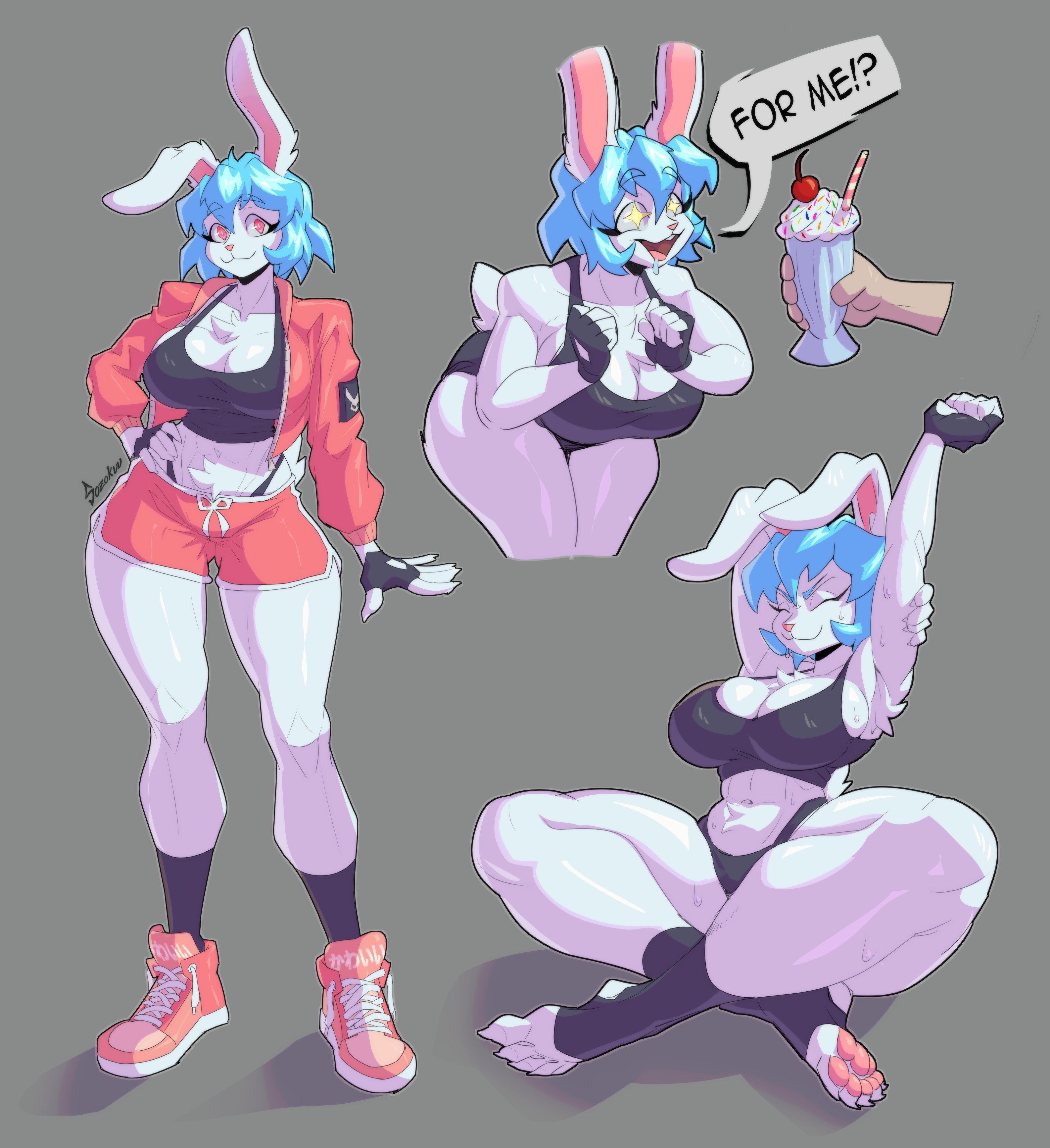 2025, anthro, ass, beatrice (sozokuu), big breasts, blue hair, blush, blushing at viewer, bra, breasts, chest tuft, cleavage, clothed, clothing, cute, feet, female, fingers, fur, furry, furry female, furry only, hair, hi res, hot, humanoid feet, lagomorph, leporid, long ears, looking at viewer, mammal, panties, pink eyes, rabbit, shirt, shoes, short hair, small waist, solo, sozokuu, sweat, sweatdrop, sweaty, sweaty body, thick, thick legs, thick thighs, thighs, thong, thunder thighs, white body, white fur, wide hips