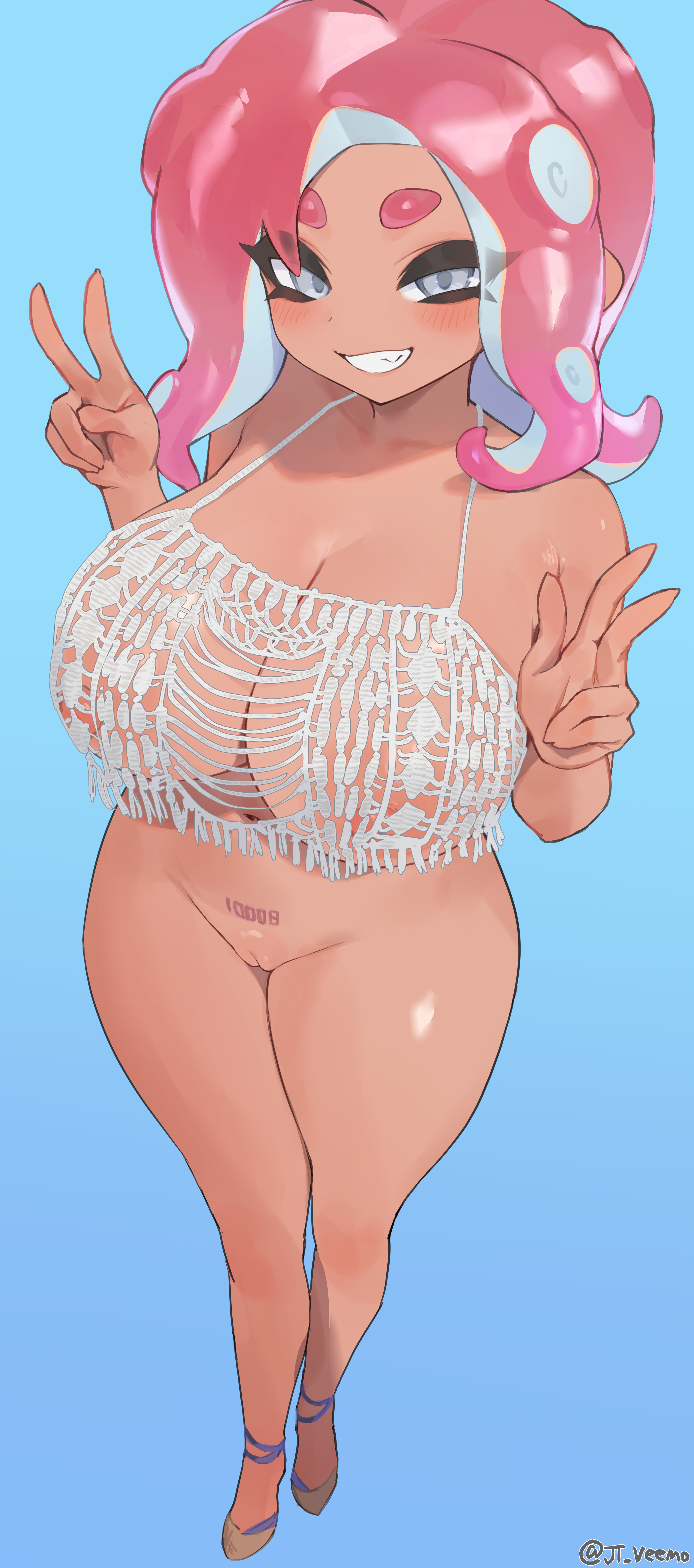 1girls, absurd res, agent 8 (splatoon), belly, big areola, big breasts, big nipples, blush, bottomless, breasts, dark skin, dark-skinned female, eye contact, female, female only, fringe clothing, grey eyes, half naked, half-closed eyes, heels, huge areolae, huge nipples, jtveemo, looking at viewer, navel, nintendo, nipples, octoling, open mouth, pink hair, pose, prehensile hair, pussy, sharp teeth, smile, solo, splatoon, splatoon (series), tattoo, teeth, tentacle, tentacle hair, thick thighs, v sign, watermark, wide hips