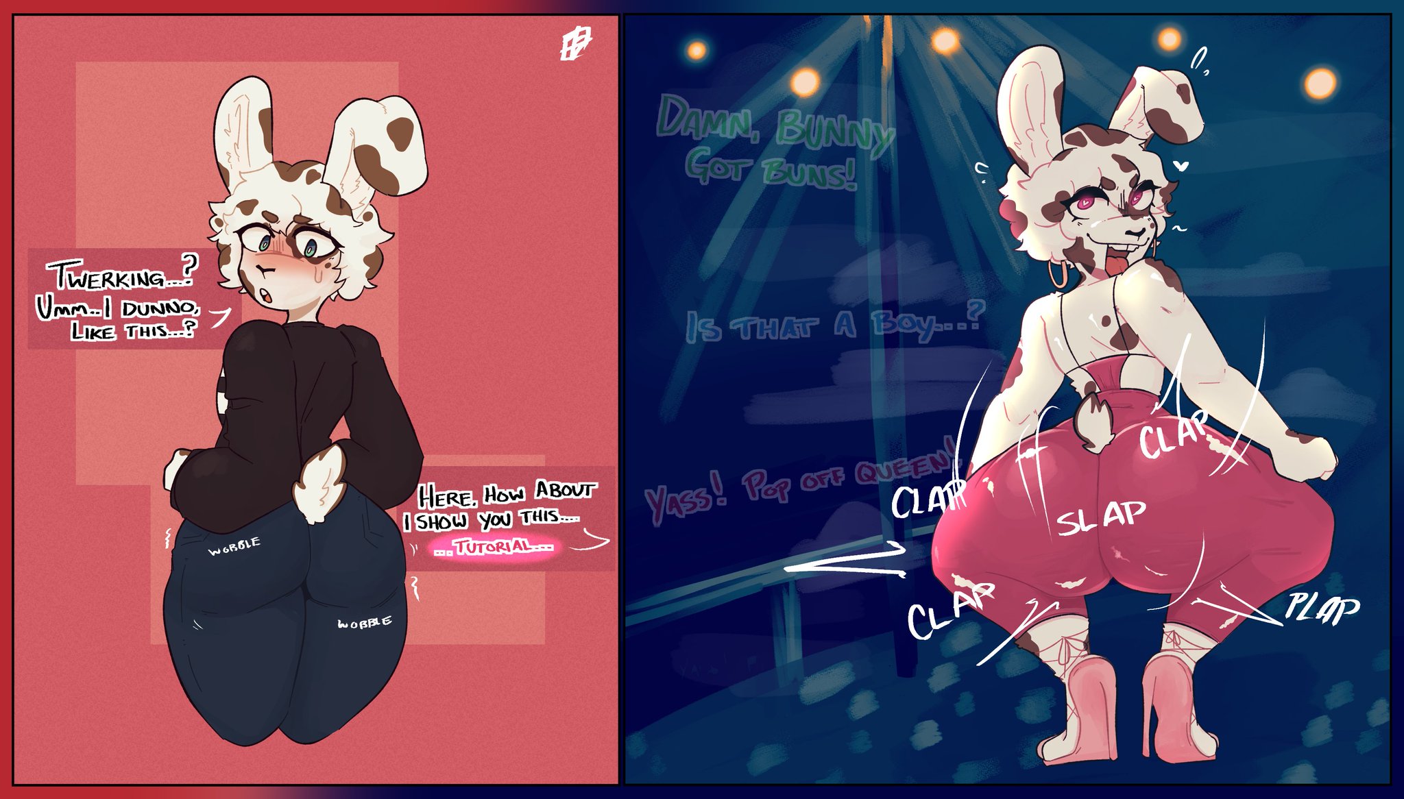 1boy, anthro, ass, ass bounce, ass clapping, ass shake, ass shaking, before and after, big ass, big butt, bimbo, blue eyes, bodysuit, bottom heavy femboy, bubble butt, bunny tail, clapping ass, clapping cheeks, club, dancing, earrings, femboy, feminine male, feminization, furry, heels, hoop earrings, humiliation, hypno eyes, hypnosis, jamie (lilypup), jiggle, jiggling ass, male, male only, malesub, oc, original, original character, pink eyes, plump ass, shaking ass, shaking butt, skullfvckerz, solo, tank top, text, tongue, tongue out, twerk, twerk hypnosis, twerking, twerking position, verbal teasing, wide hips, wide thighs