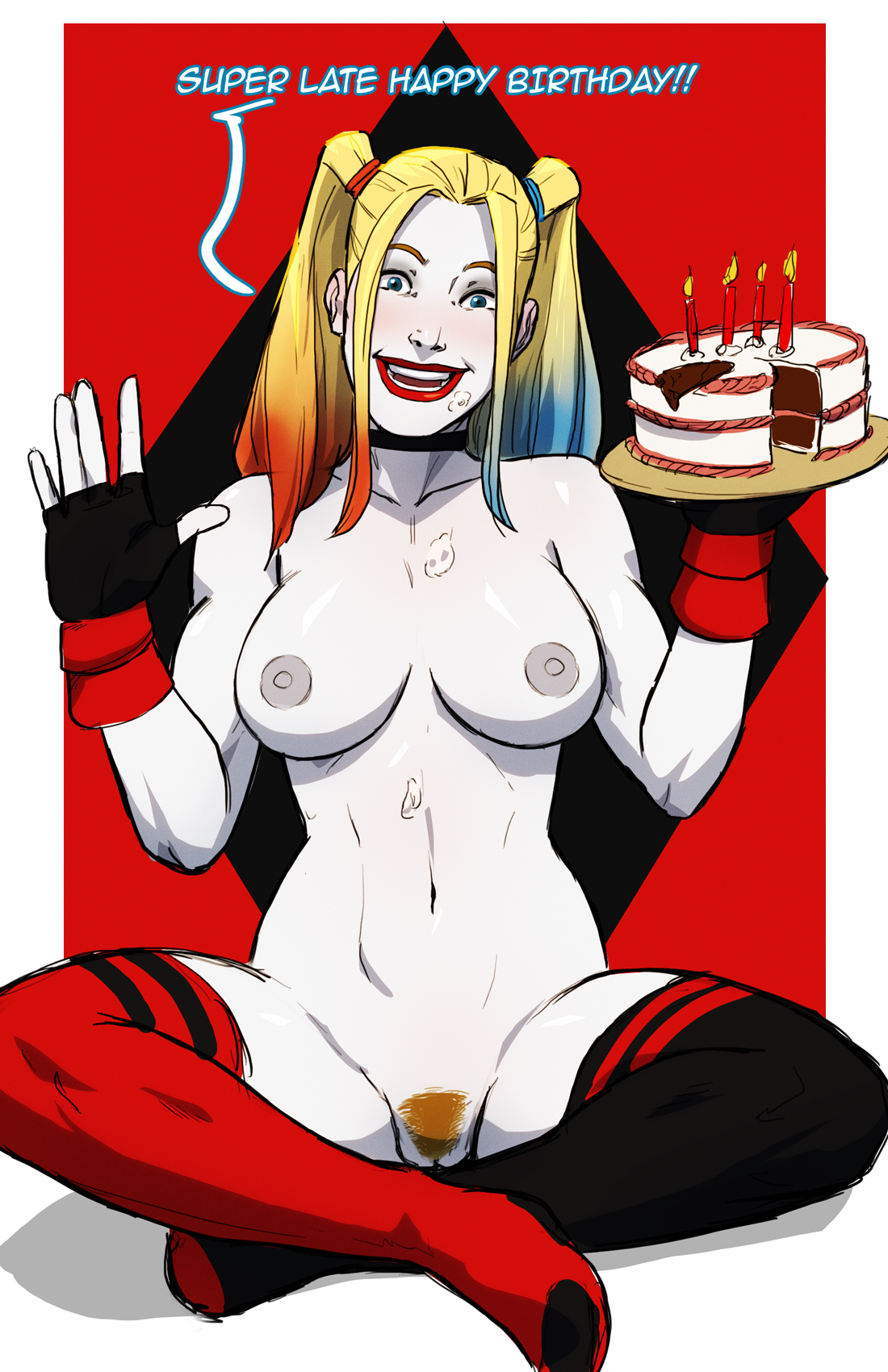1girls, bare shoulders, batman (series), belly, black legwear, black stockings, black thighhighs, blonde, blonde hair, blue eyes, blue hair, breasts, cake, dc, dc comics, english, english text, female, female only, female pubic hair, fingerless gloves, food, gauntlets, gloves, harley quinn, hips, human, large breasts, legs, legwear, lipstick, long hair, looking at viewer, makeup, multicolored hair, naavs, navel, nipples, pale skin, pink hair, pubic hair, pussy, red legwear, red stockings, red thighhighs, solo, spread legs, stockings, suicide squad, tagme, text, thighhighs, thighs, tied hair, topless, twintails, vagina, white skin
