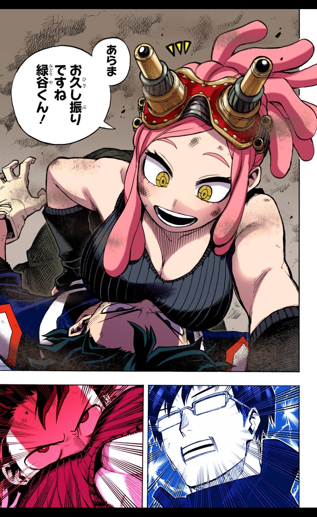1girls, 2boys, big breasts, black hair, black tank top, black-haired male, boku no hero academia, breasts, color, colored, deku, female, glasses, golden eyes, green hair, green-haired male, hatsume mei, iida tenya, izuku midoriya, kohei horikoshi, lying down, lying on stomach, manga, manga page, mei hatsume, midoriya izuku, my hero academia, official art, pink hair, pink-haired female, shueisha, tank top, tenya iida, ua school uniform, weekly shonen jump, weekly shounen jump