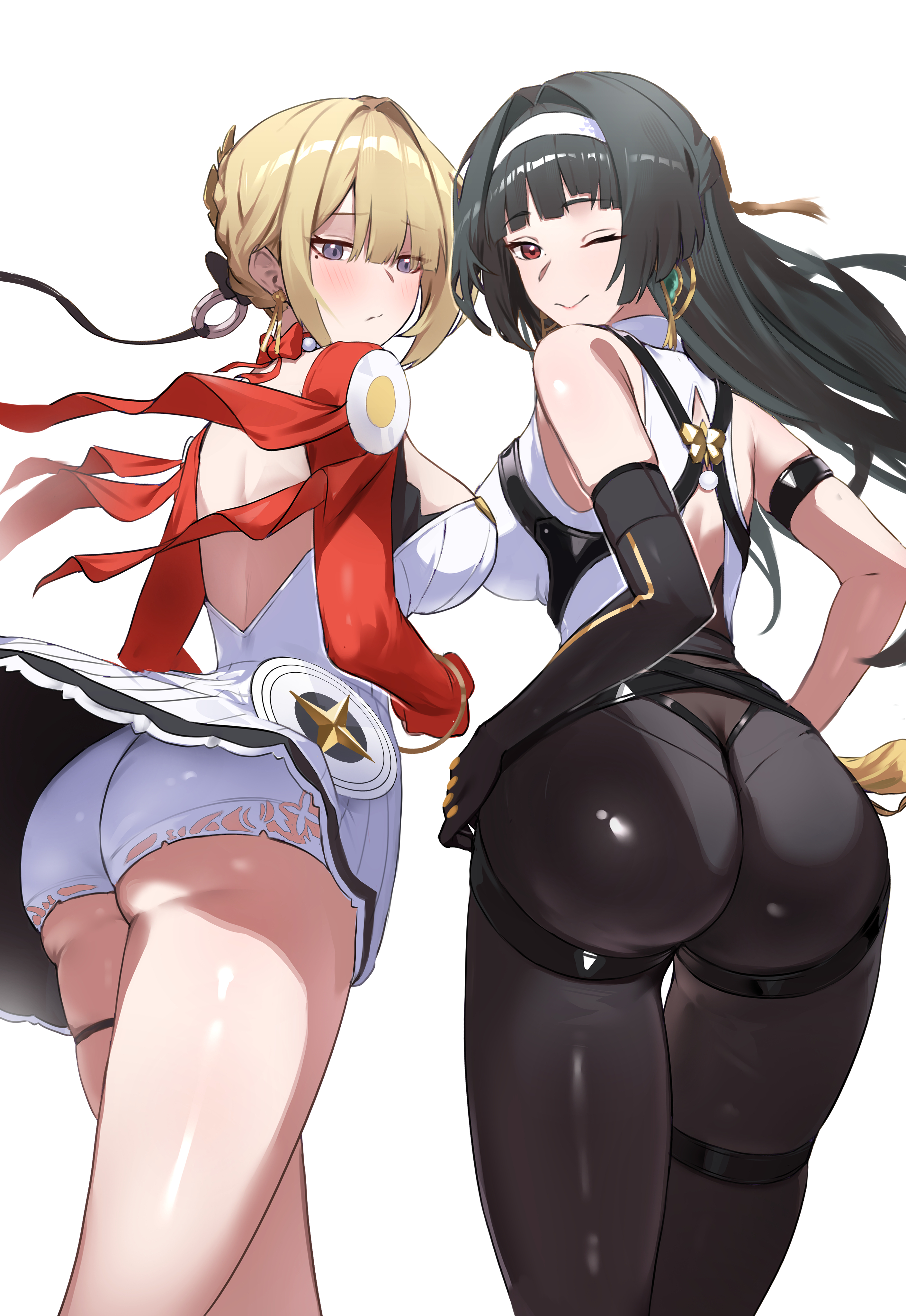 2girls, absurdres, ass, ass crack, astra yao, astra yao (cosplay), black gloves, black hair, black pants, blonde hair, breasts, butt crack, cosplay, costume switch, dress, earrings, elbow gloves, evelyn chevalier, evelyn chevalier (cosplay), female, female only, floating hair, from behind, gloves, hairband, highres, jewelry, large breasts, looking at viewer, looking back, mole, mole under eye, multiple females, multiple girls, panties, pants, purple eyes, red eyes, short dress, simple background, single elbow glove, smile, thigh strap, thighs, tight clothes, tight pants, underwear, white background, white dress, white hairband, white panties, yoruta (yossy puyo holo), zenless zone zero