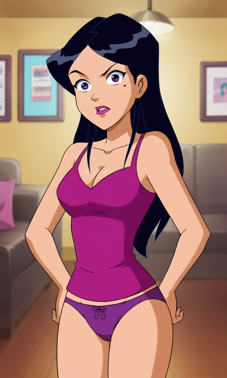 ai_generated ass bigmic145 black_hair breasts cartoon_network cleavage dark_hair female mandy_(totally_spies) medium_breasts mole_under_eye panties solo_female tank_top totally_spies