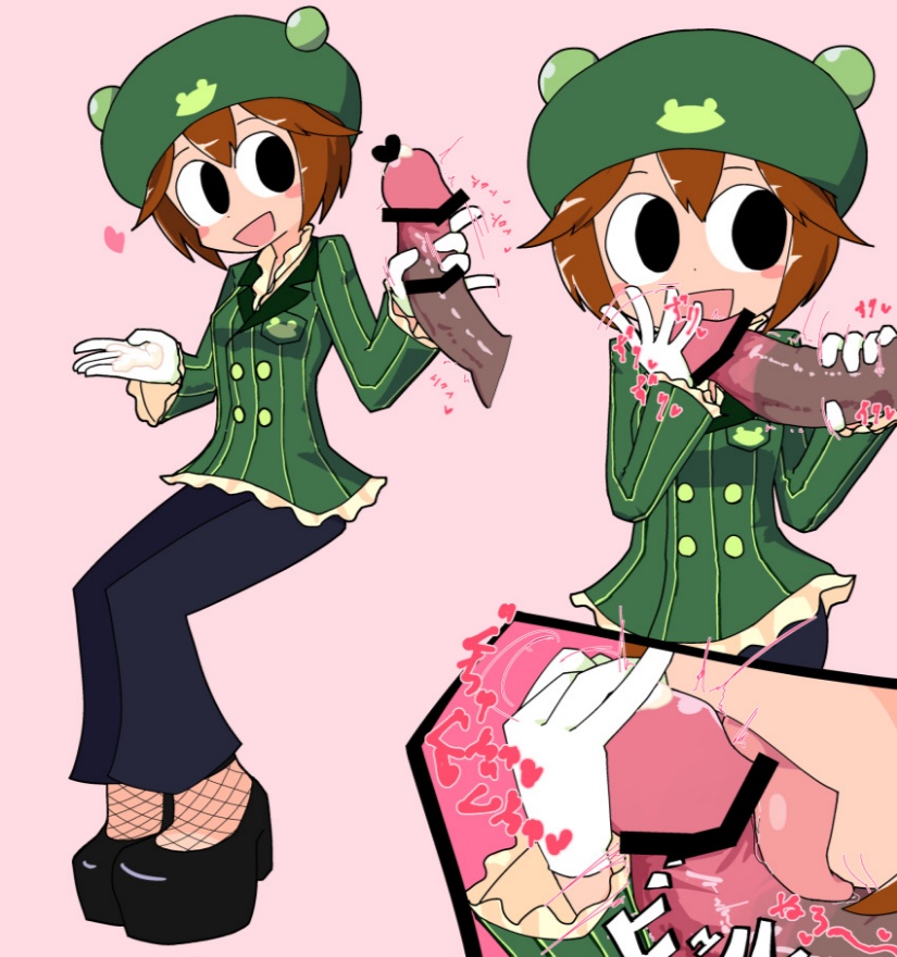 :d bar_censor black_eyes blush brown_hair female gloves green_headwear hat identity_censor mega_man_battle_network open_mouth pantyhose penis pointless_censoring ribitta short_hair smile straight