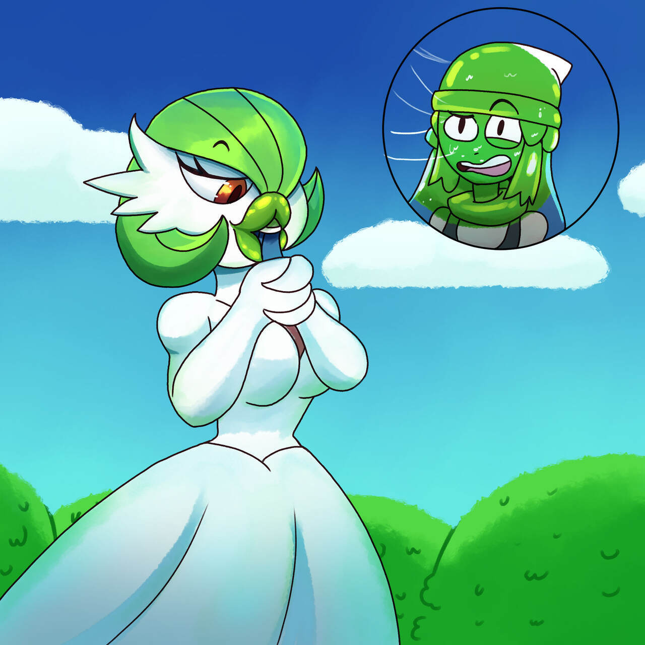 2girls, beanie, beanie hat, big lips, blue hair, blue sky, clouds, confused, confused expression, confused face, confused look, confusion, dawn (pokemon), day, daytime, digital drawing (artwork), digital media (artwork), eyebrow raise, female, female focus, female gardevoir, female only, female pokemon, female pokemon/female human, female/female, forced yuri, game freak, gardevoir, giant female, giantess, green hair, green kiss mark, green lips, green lipstick, green lipstick mark, human, human female, kiss mark, kissing, lesbian, lesbian kiss, lipstick, lipstick mark, lipstick mark on face, mwah, open mouth, pleasure face, pokemon, pokemon (species), pokephilia, saliva, saliva string, saliva trail, shippart, size difference, sky, smooch, yuri