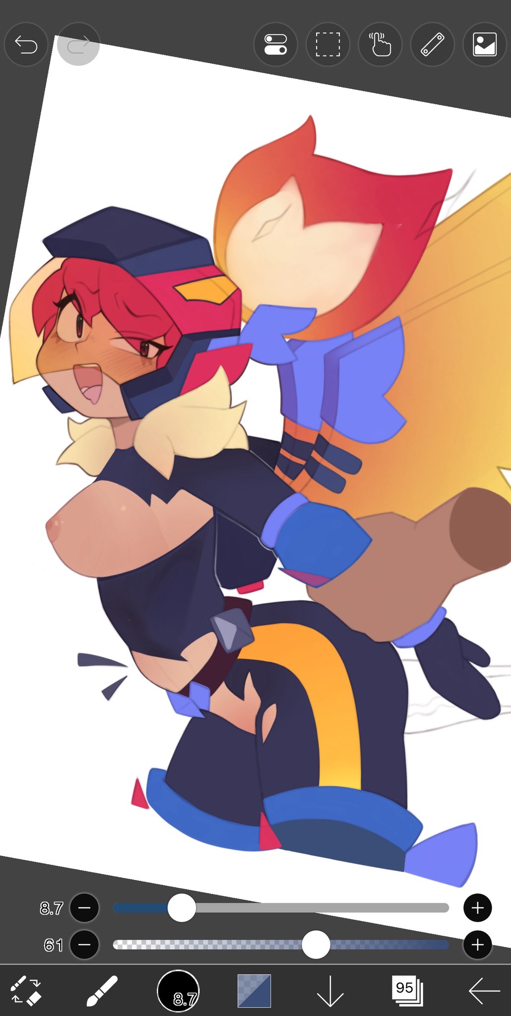 1girls, arched back, big breasts, brawl stars, breasts, color, disembodied hand, doggy style, female, female focus, firewing janet (brawl stars), janet (brawl stars), leaning forward, looking back, male, ponytail, red eyes, red hair, side view, standing, standing sex, tan body, work in progress, xyraabs