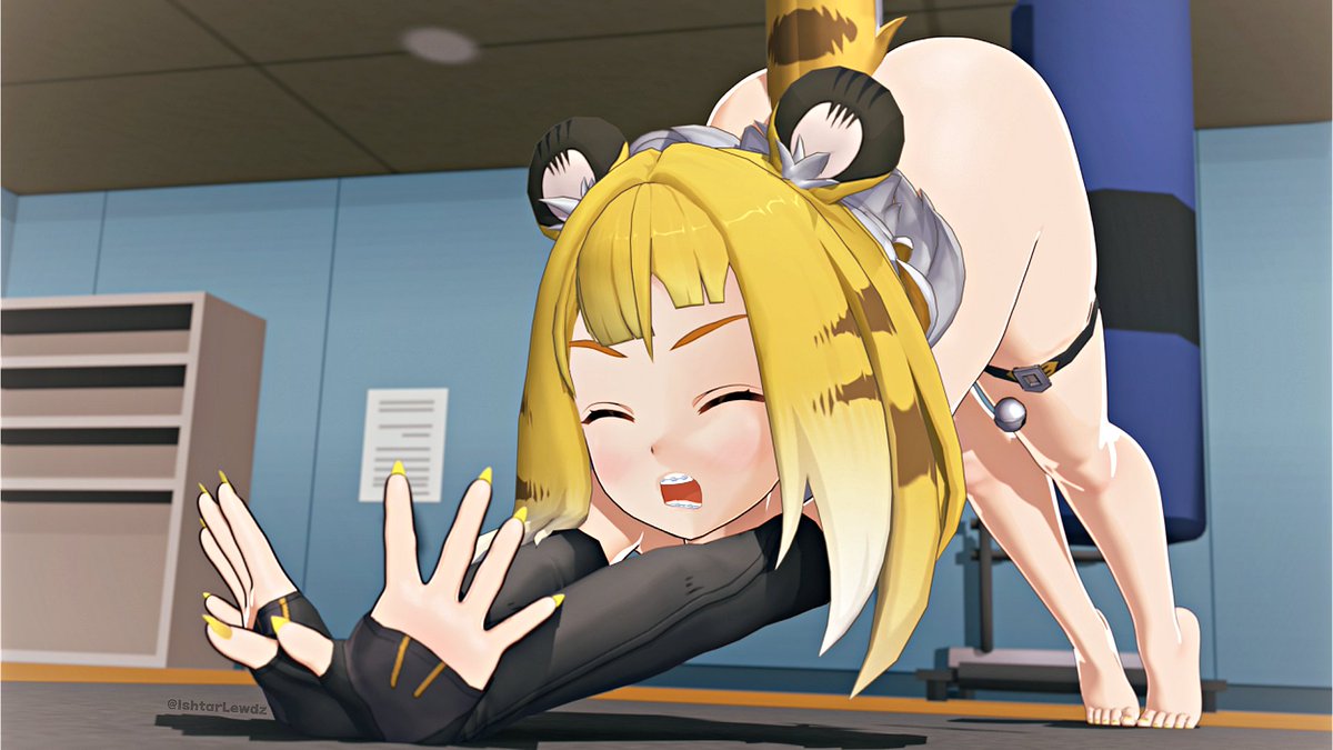1girls, animal ears, ass, ass up, blender, braces, cat stretch, closed eyes, female, gym, highres, inside, ishtarlewdz, ju fufu, ju fufu (zenless zone zero), mostly nude, stretching, tail, thigh strap, tiger ears, watermark, yawn, yellow hair, yellow nails, yunkui summit, zenless zone zero