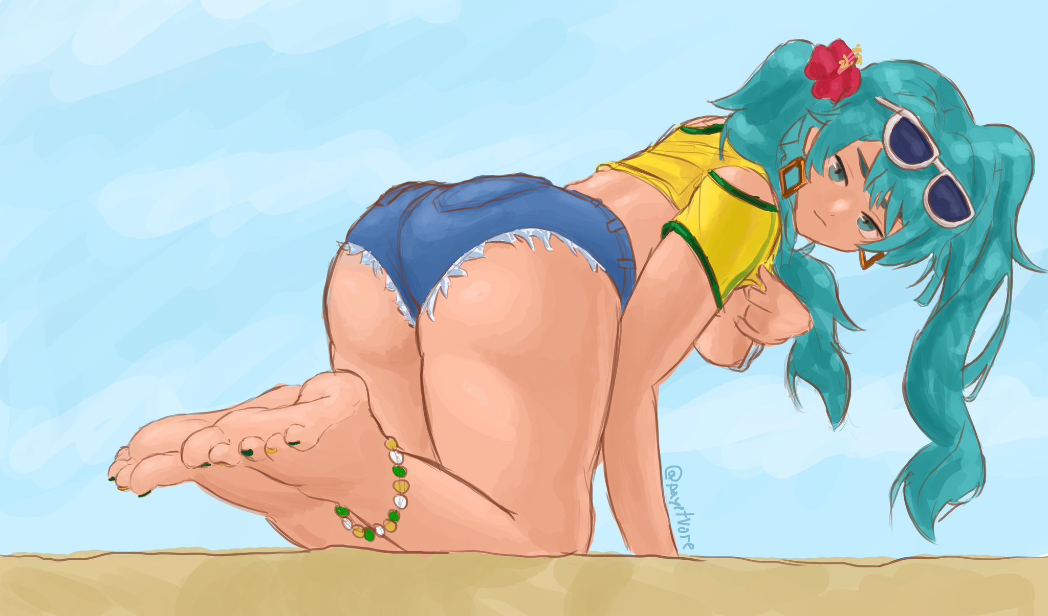 1girl, all fours, anklet, aqua eyes, aqua hair, ass, back view, barefoot, big ass, big breasts, big butt, big thighs, big titties, blue eyes, brazilian miku, breasts, clothing, curvaceous, curvaceous female, curvaceous figure, curvy, curvy figure, curvy hips, cyan hair, denim, denim shorts, earrings, eyewear on head, feet, feet focus, female, female focus, female only, flower, foot fetish, hair flower, hair ornament, hatsune miku, jewelry, long hair, looking at viewer, nail polish, nipples, painted toenails, payetvore, short shorts, shorts, soles, solo, sunglasses, tan body, tan skin, toenail polish, toenails, toes, twintails, underboob, vocaloid