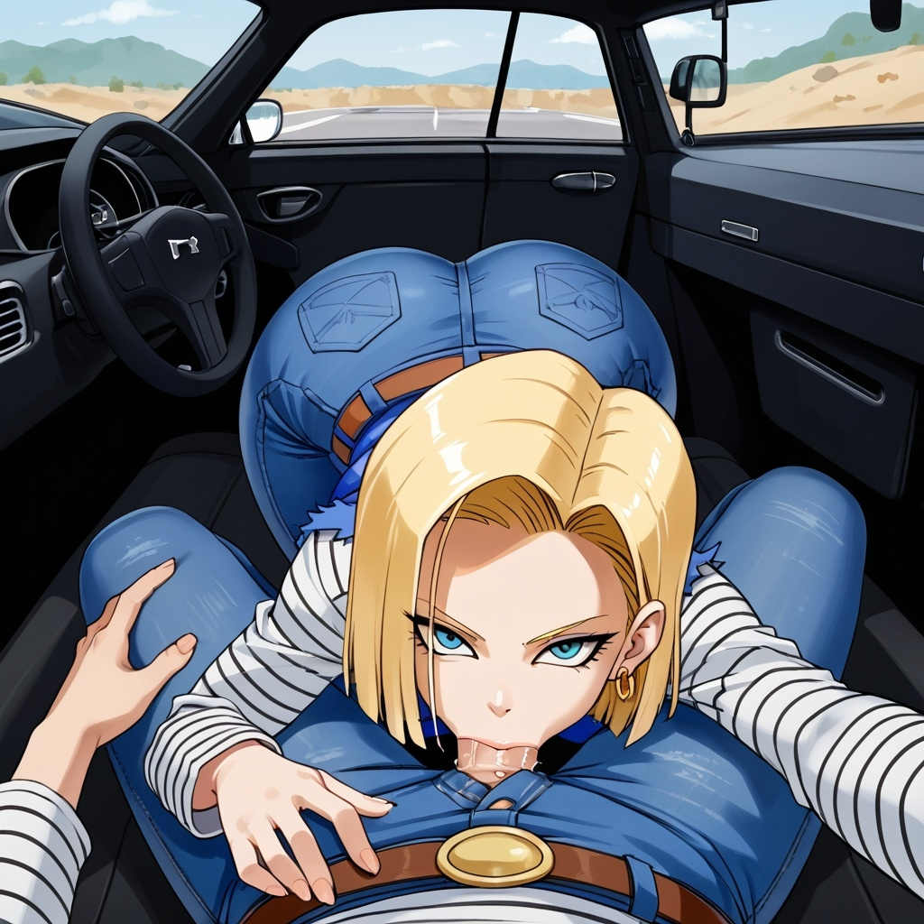 ai generated, android 18, ass, big ass, blonde female, blonde hair, blowjob, blue eyes, car, clothed, clothing, deepthroat, dragon ball, dragon ball super, dragon ball z, eye contact, female, jeans, looking at viewer, narrow waist, patreon, pov, t8r, wide hips