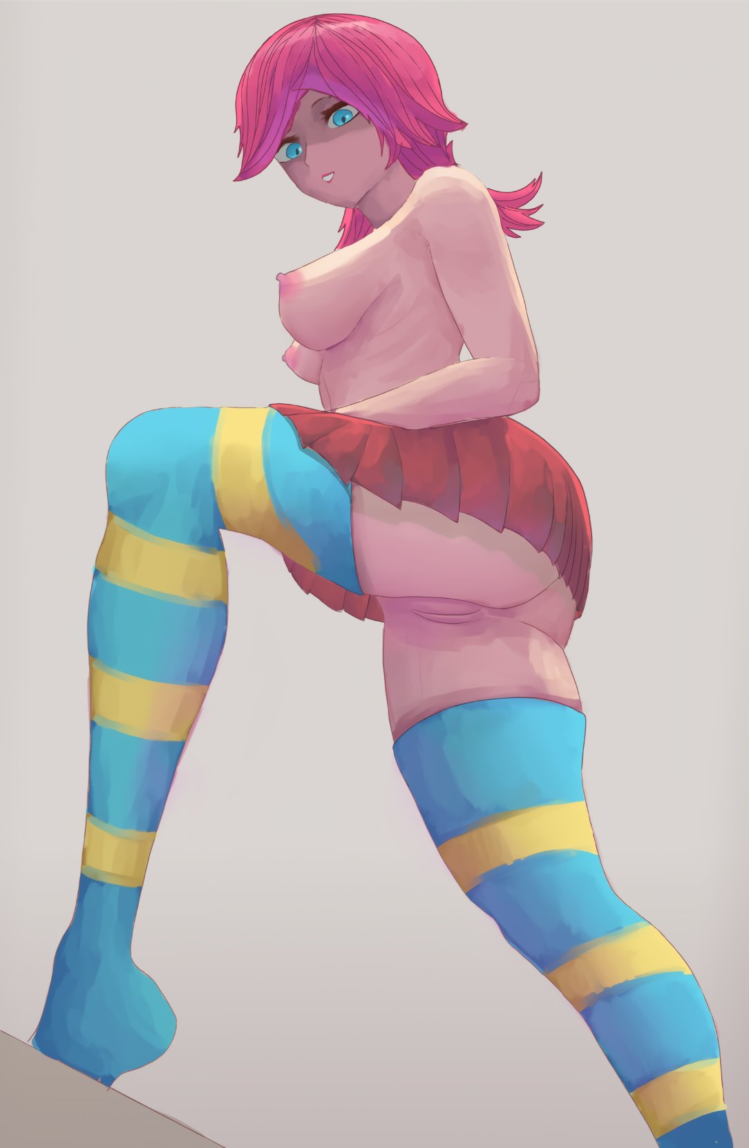 1girls, ass, big ass, breasts, breasts out, female, looking at viewer, looking down, low-angle view, no panties, nyxaquarious, party girl (terraria), re-logic, skirt, solo, solo female, terraria, thighhighs
