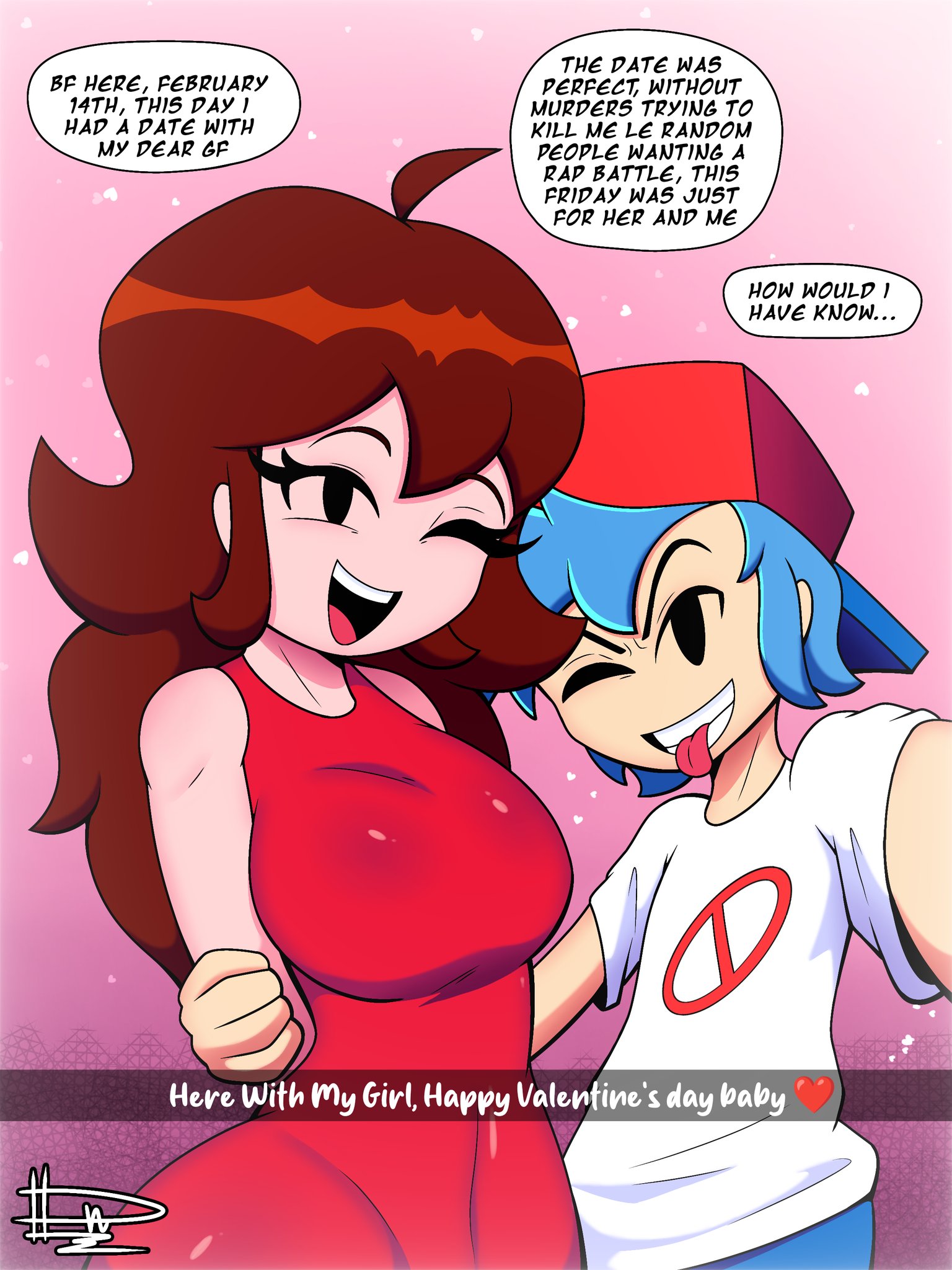 1boy, 1girls, auburn hair, blue hair, boyfriend (friday night funkin), dn28 art, female, friday night funkin, girlfriend (friday night funkin), imminent cheating, imminent cuckold, imminent cuckolding, imminent netorare, imminent ntr, light skin, light-skinned female, looking at viewer, male, red dress, red hair, red hat, white shirt
