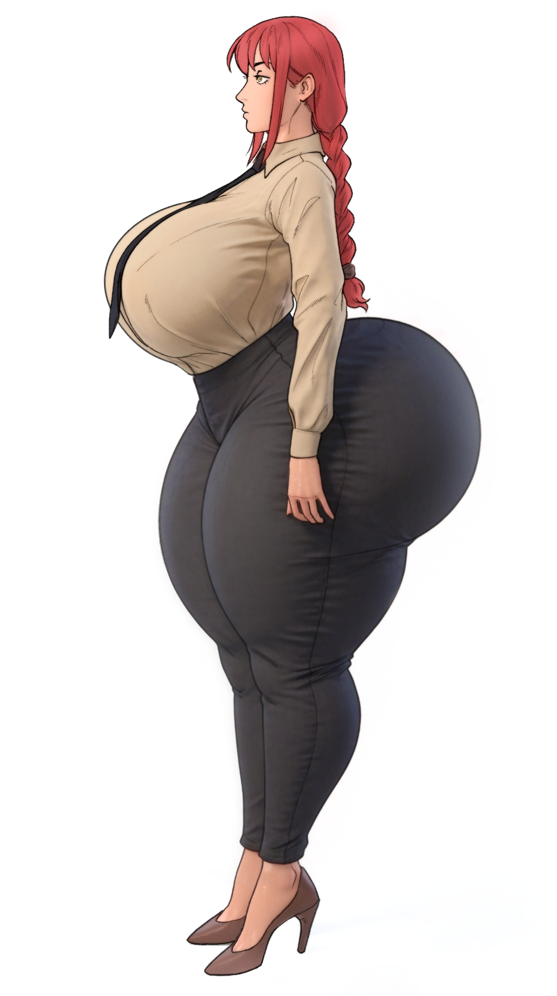 1girl, 1girls, 2026, 3d, ai reworked, alternate ass size, alternate body type, alternate breast size, alternate version available, ass, ass bigger than head, big ass, big breasts, black bottomwear, black clothing, black neckwear, black pants, blanclauz, blank expression, braided hair, braided ponytail, breasts, breasts bigger than head, brown footwear, brown hair ornament, brown hair tie, brown high heels, bubble butt, chainsaw man, clothed female, clothing, dumptruck ass, edit, edited, female, female only, full body, fully clothed, girl in suit, grey shirt, grey topwear, heels, high heels, high quality, high resolution, highres, huge ass, huge breasts, human, hyper ass, large ass, large breasts, light skin, light-skinned female, long hair, low ponytail, makima (chainsaw man), massive ass, neutral expression, no nos importa perdedor, pale skin, pale-skinned female, ponytail, red hair, side view, solo, solo female, spankable ass, standing, tagme, thick thighs, tight clothing, tight pants, venus body, voluptuous, voluptuous female, white background, wide hips, yellow eyes