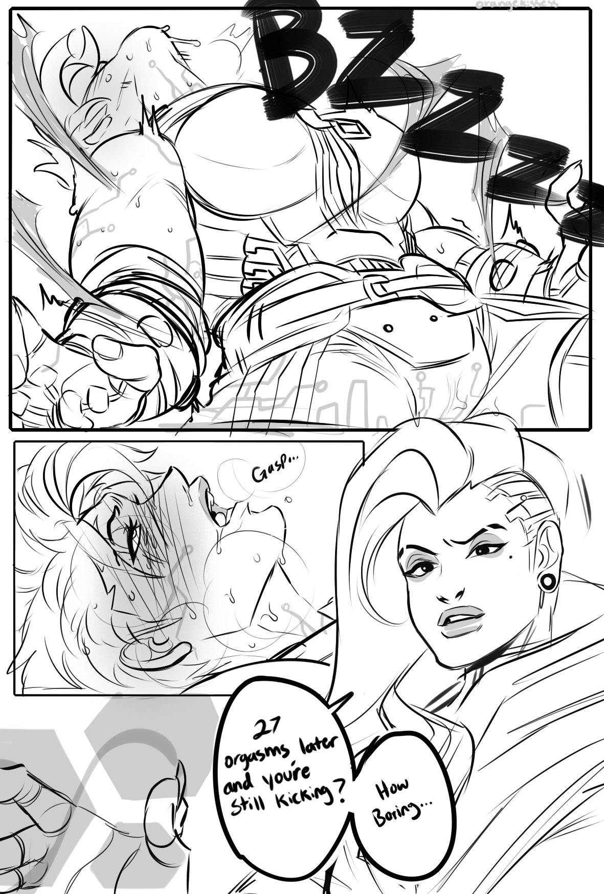 2d, 2girls, blizzard entertainment, blush, comic, duo, english text, female, femdom, femsub, fucked silly, monochrome, muscular, muscular female, muscular sub, orangekissess, overwatch, overwatch 2, sex machine, sketch, sombra, yuri, zarya