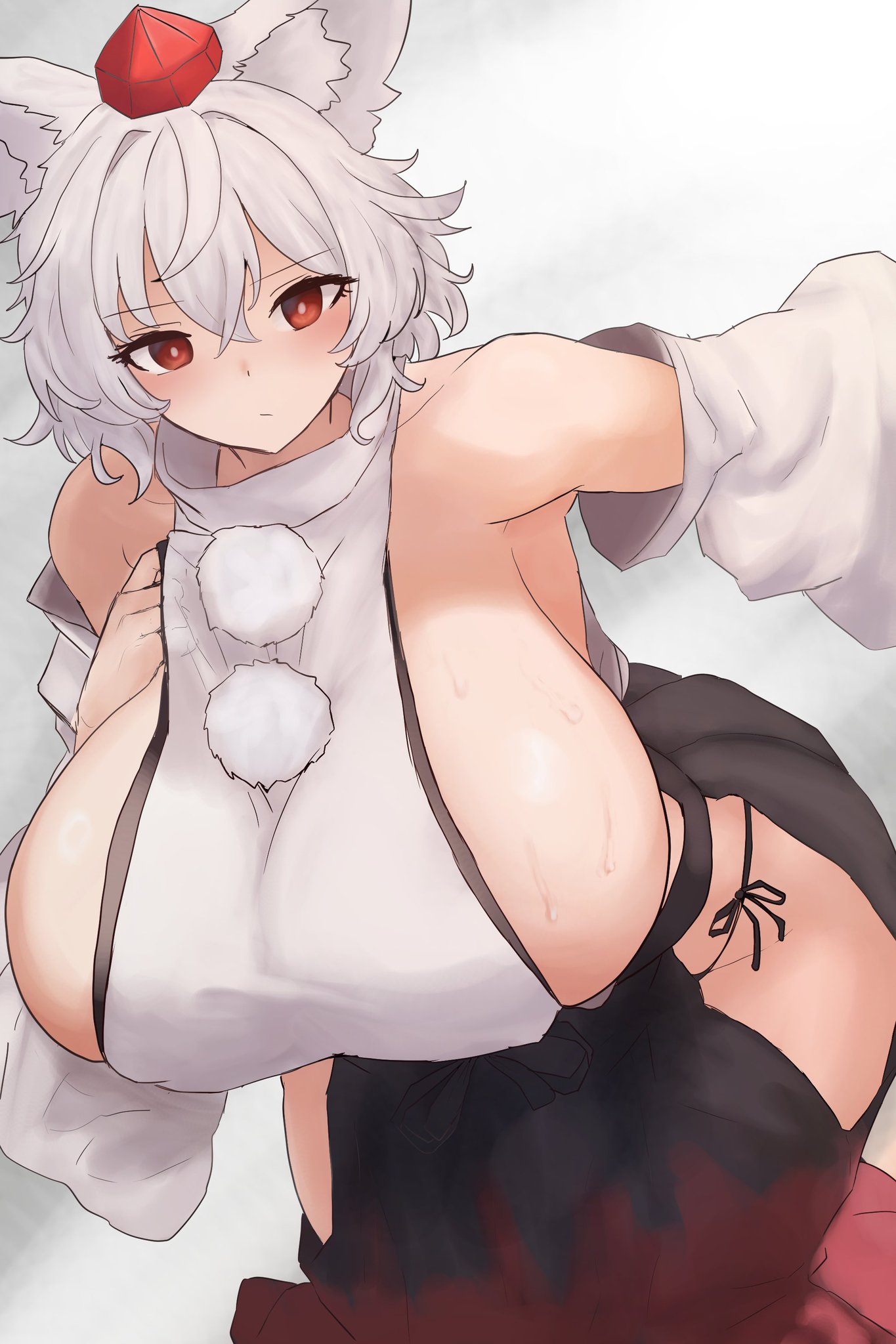 1girls, animal ears, big breasts, breasts, clothed female, female, hat, huge breasts, light-skinned female, momiji inubashiri, moriforest1040, nipple bulge, red eyes, sideboob, solo, solo female, sweaty breasts, thick thighs, thighs, touhou, white background, white hair, wolf ears, wolf girl