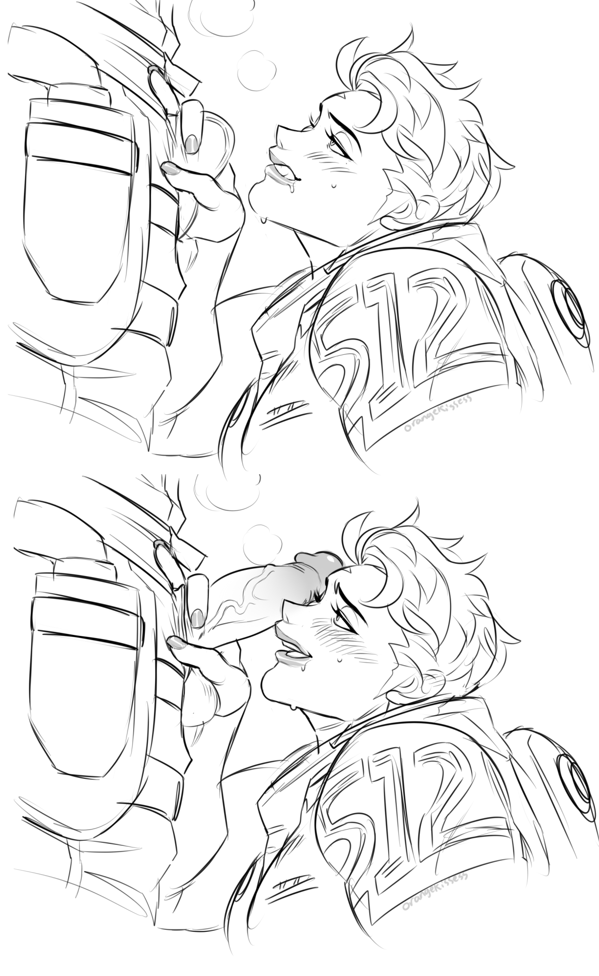 1boy, 2d, balls, blizzard entertainment, duo, female, male, monochrome, orangekissess, overwatch, overwatch 2, penis, sketch, soldier 76, straight, zarya