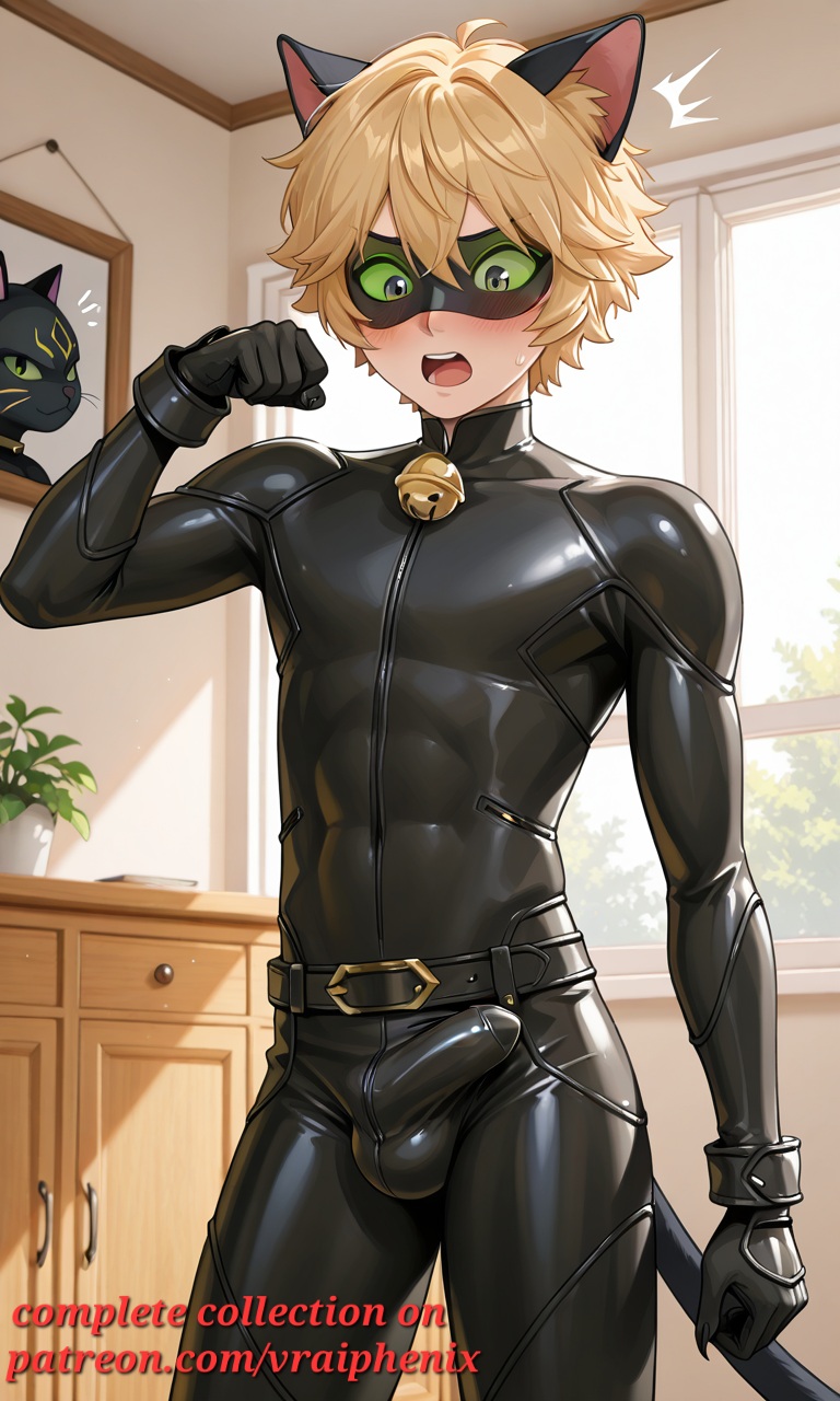 1boy, abs, adrien agreste, ai generated, belt, black outfit, blonde hair, bulge, cat ears, cat noir, cat tail, chat noir, flaccid, flaccid penis, green eyes, looking down, male, male focus, male only, miraculous ladybug, miraculous: tales of ladybug and cat noir, muscular, muscular male, patreon, patreon username, penis, penis visible through pants, surprised expression, vraiphenix