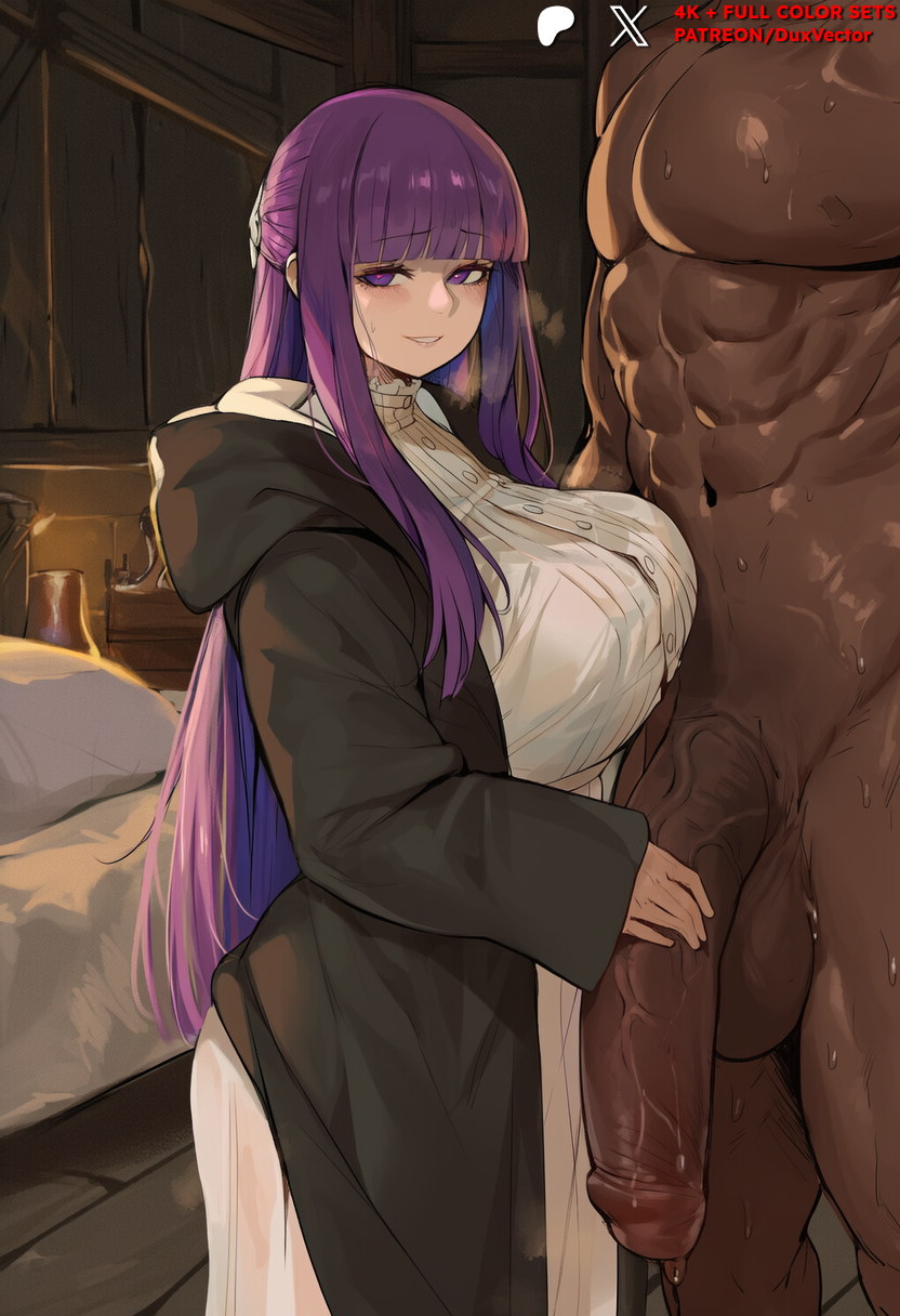 1boy, abs, ai generated, areolae, balls, bangs, blunt bangs, blush, breasts, candle, clothed female nude male, clothing, completely nude, dark skin, dark-skinned male, dress, duxvector, erection, female, fern (sousou no frieren), hood, huge breasts, huge cock, indoors, interracial, large balls, large breasts, large penis, large testicles, light skin, long hair, long sleeves, looking at viewer, male, muscles, muscular, netorare, nipples, ntr, nude, nude male, penis, pillow, purple eyes, purple hair, smile, sousou no frieren, standing, straight, sweat, testicles, text, thick thighs, thighs, veins, veiny penis, white dress